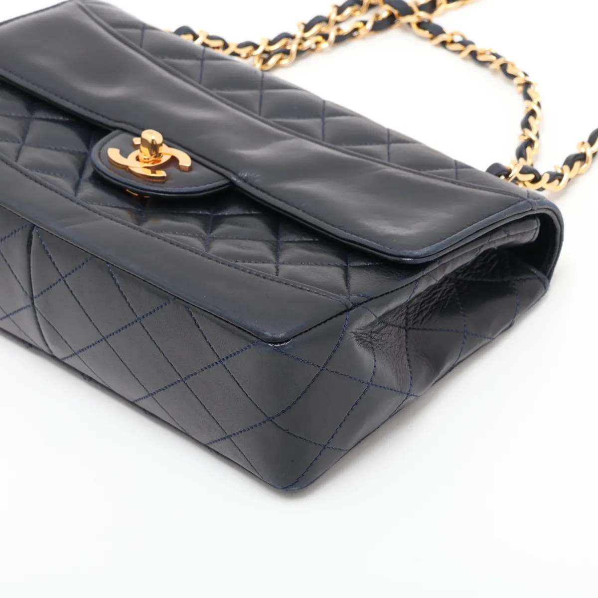 Matelassé Lambskin Single Flap Double Chain Bag, Navy with Gold Hardware — view 3