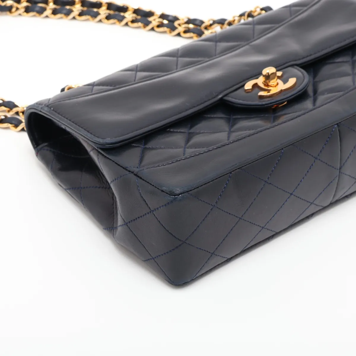 Matelassé Lambskin Single Flap Double Chain Bag, Navy with Gold Hardware — view 4