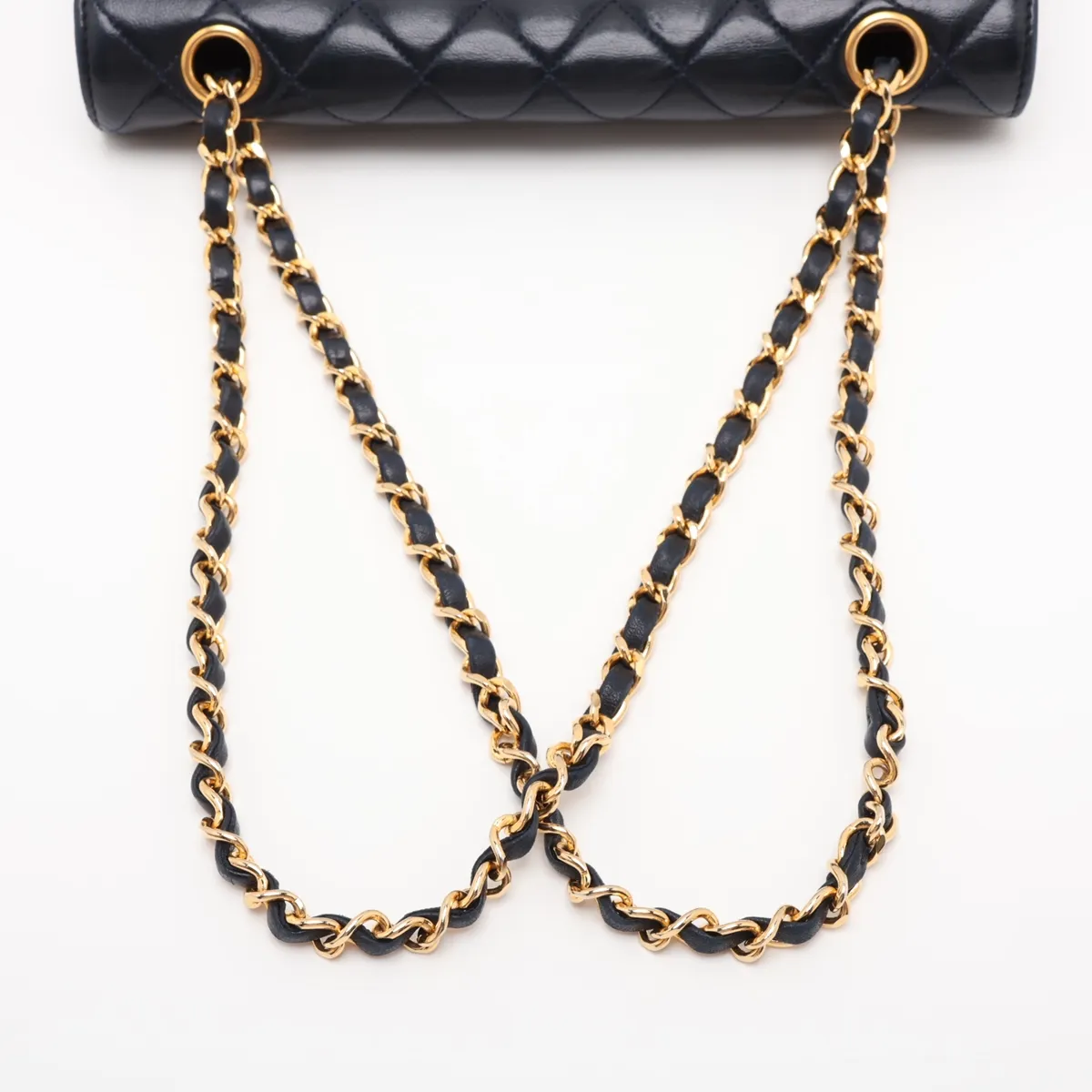 Matelassé Lambskin Single Flap Double Chain Bag, Navy with Gold Hardware — view 5