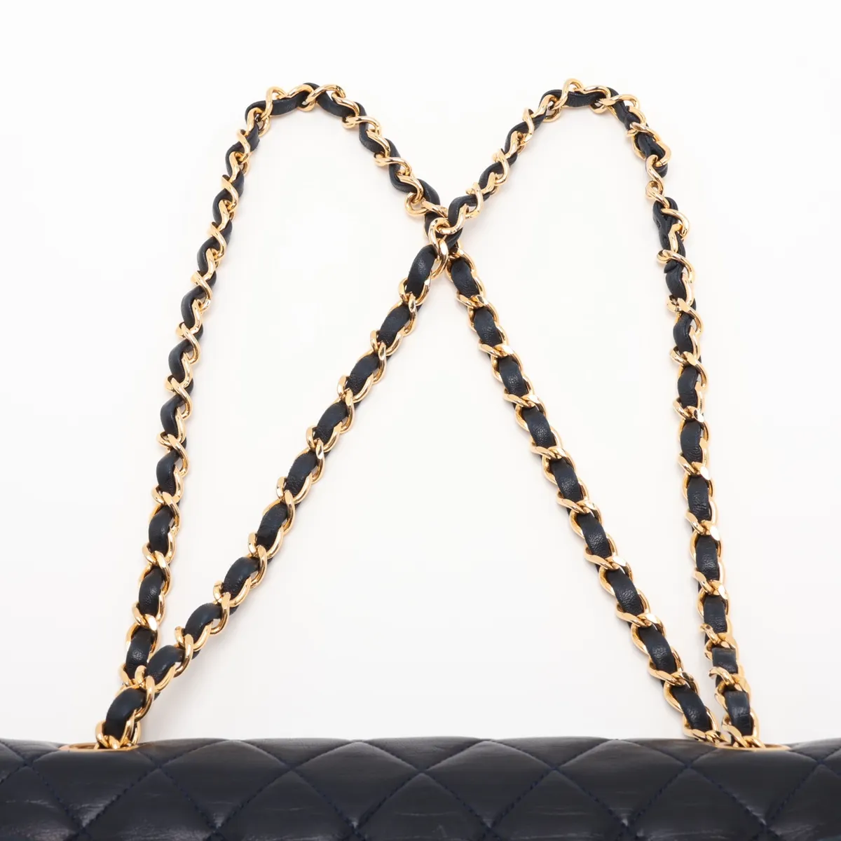 Matelassé Lambskin Single Flap Double Chain Bag, Navy with Gold Hardware — view 6