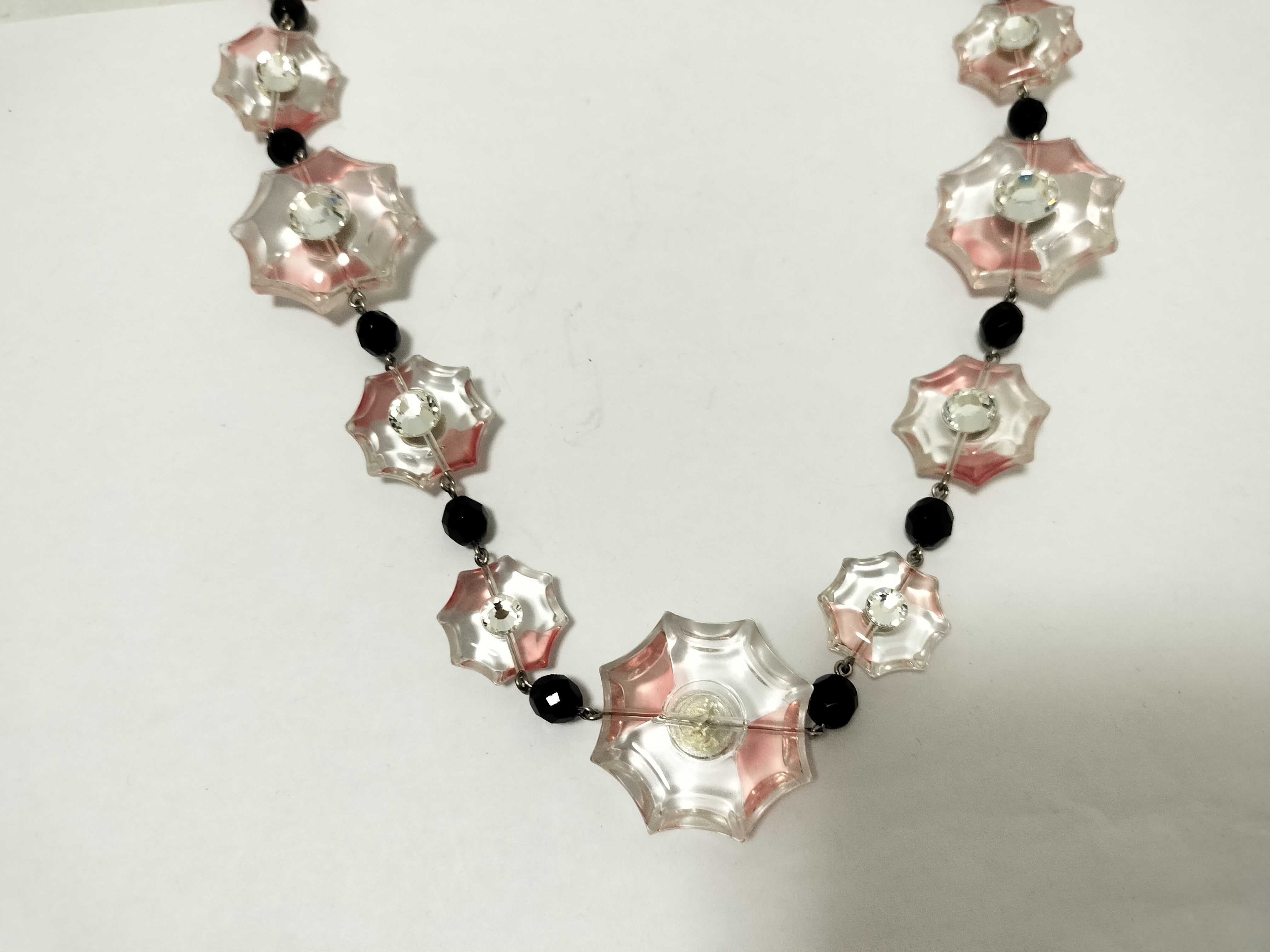 necklace with flower beads and rhinestones, in clear, pink, and black. — view 2