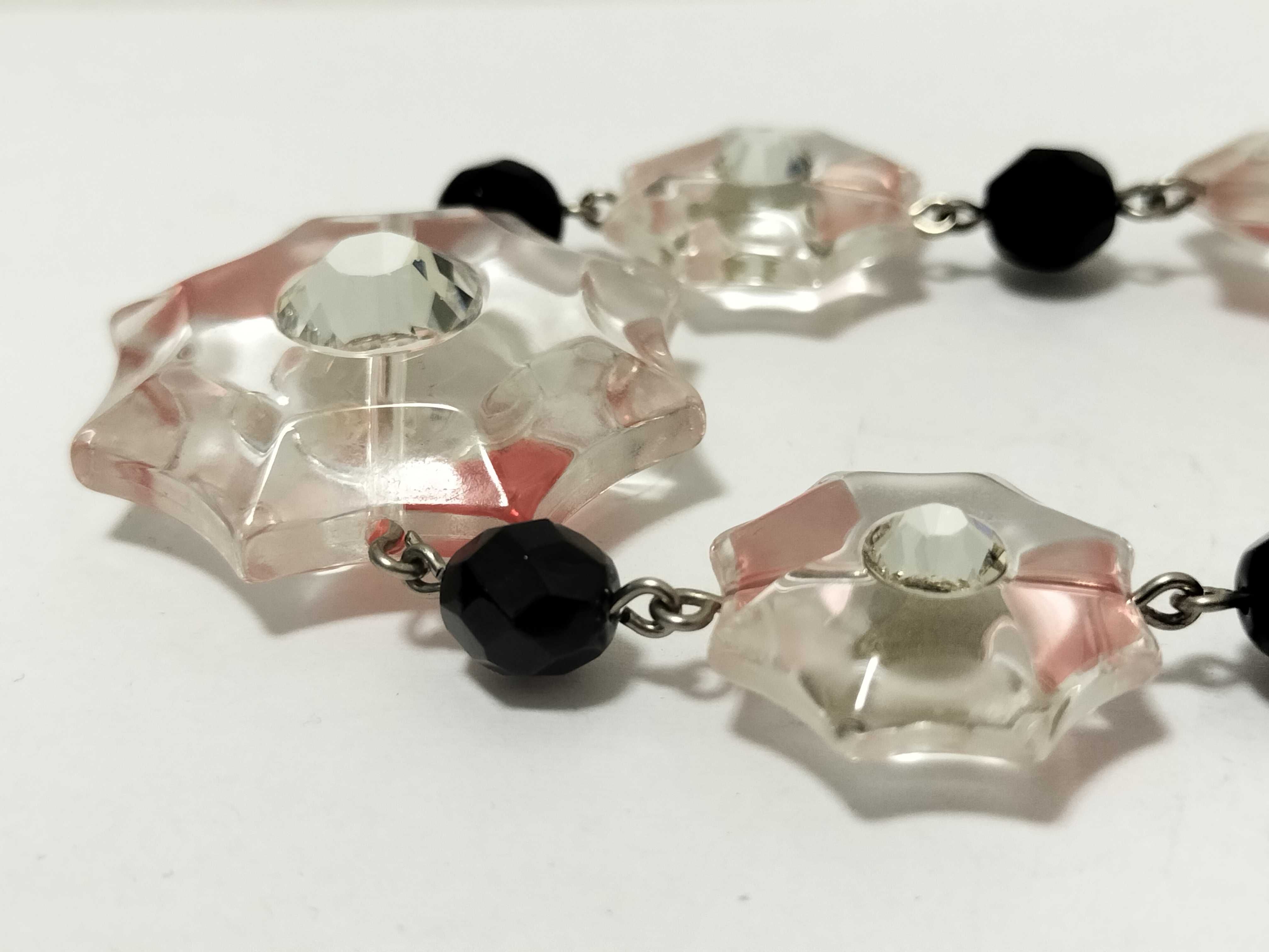necklace with flower beads and rhinestones, in clear, pink, and black. — view 3