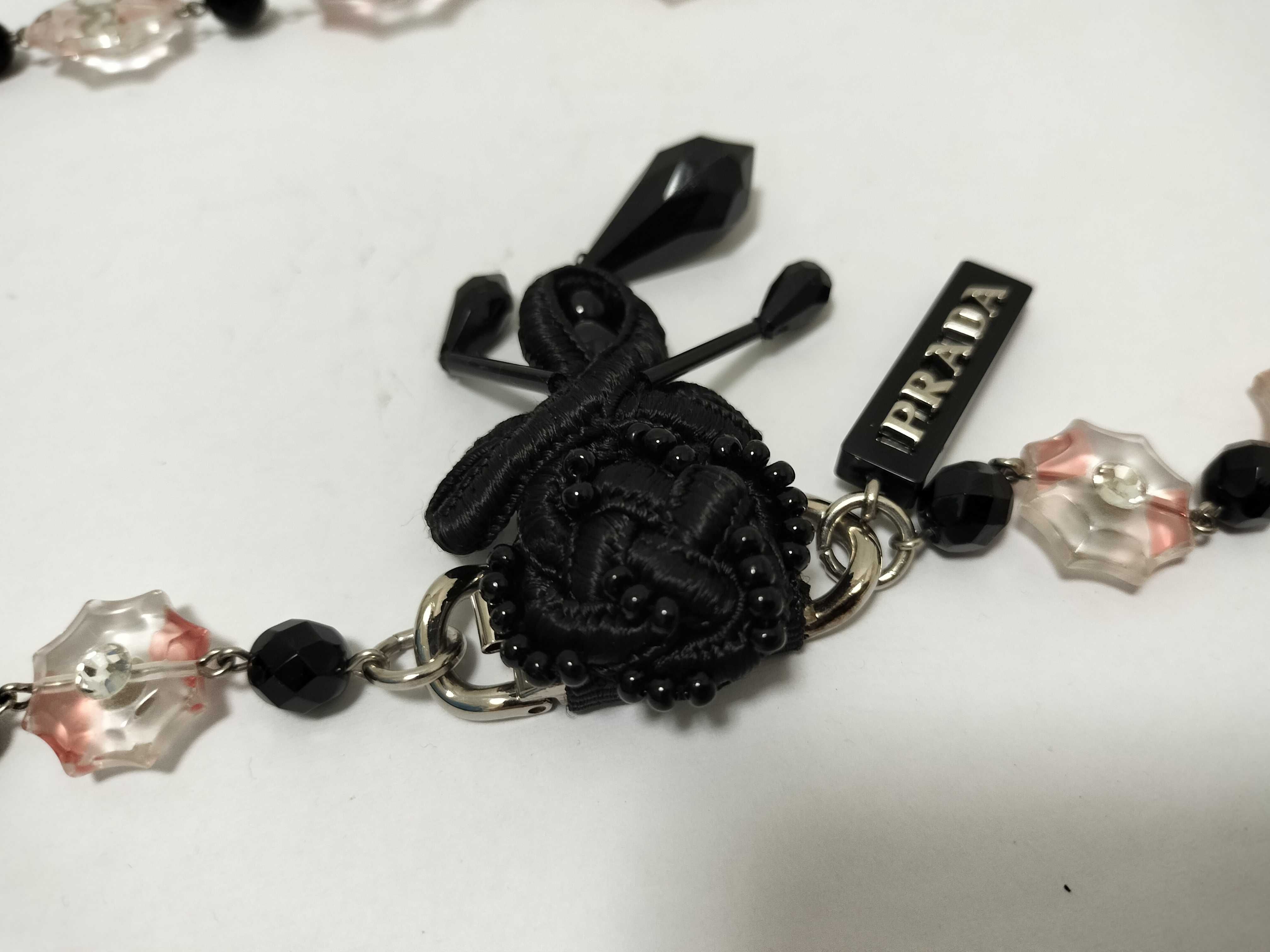 necklace with flower beads and rhinestones, in clear, pink, and black. — view 4