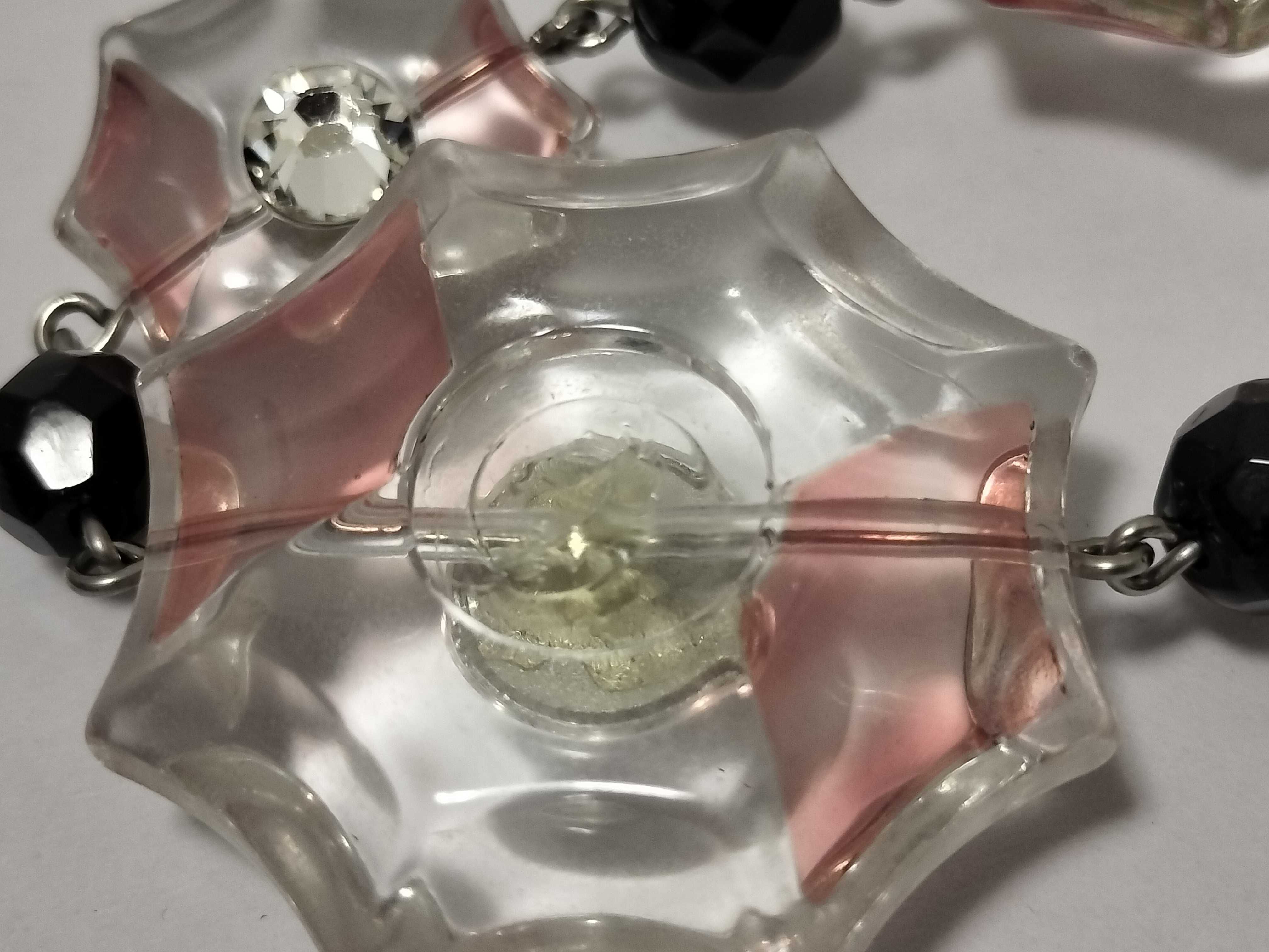 necklace with flower beads and rhinestones, in clear, pink, and black. — view 7