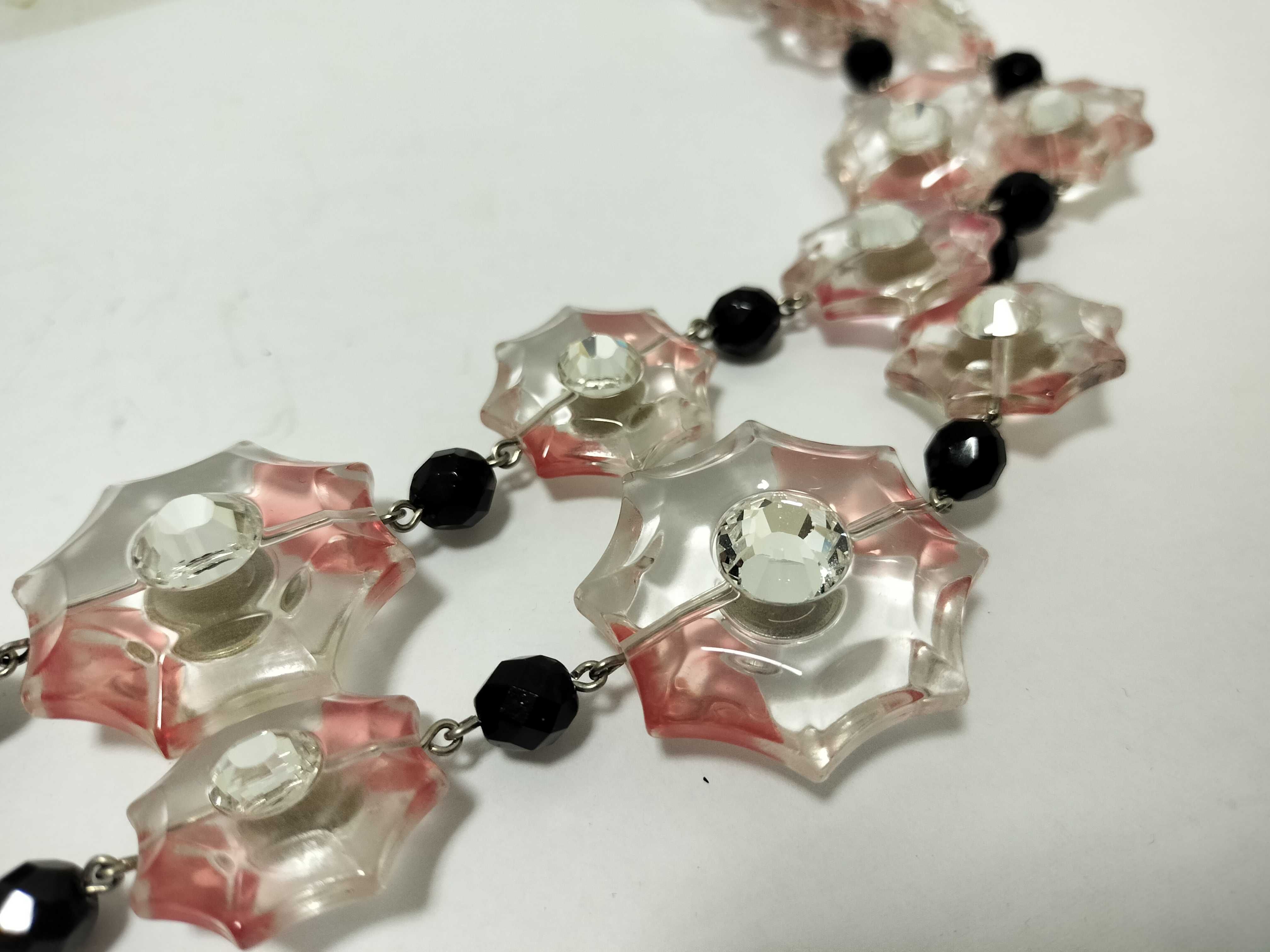 necklace with flower beads and rhinestones, in clear, pink, and black. — view 8