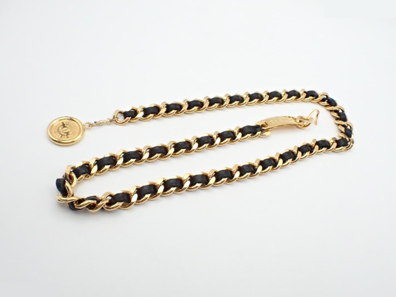 Matelassé Coco Mark Chain Belt, Gold/Black, Total Length Approx. 98cm