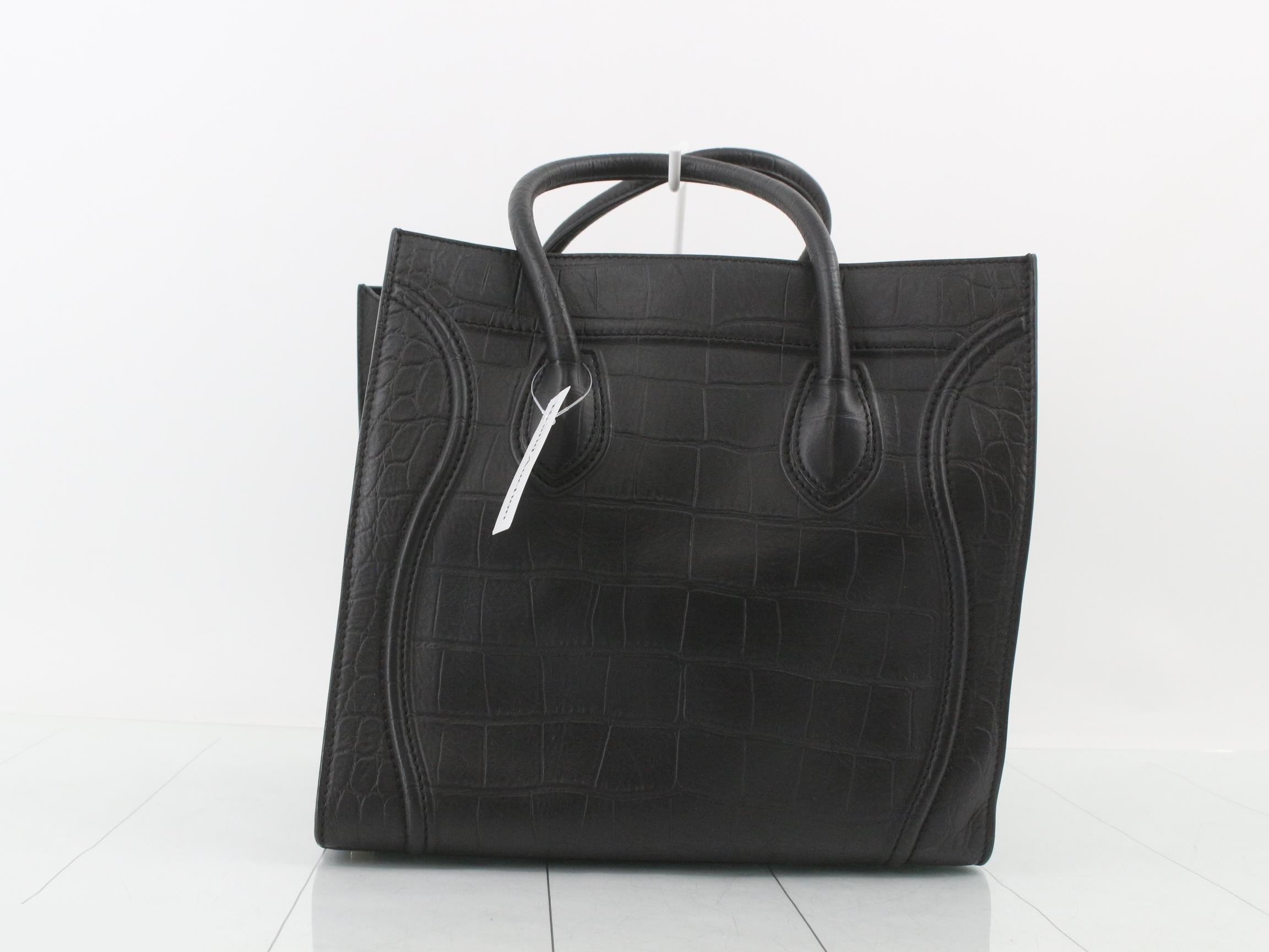 Luggage Phantom Crocodile Embossed Leather Handbag, Black — view 2