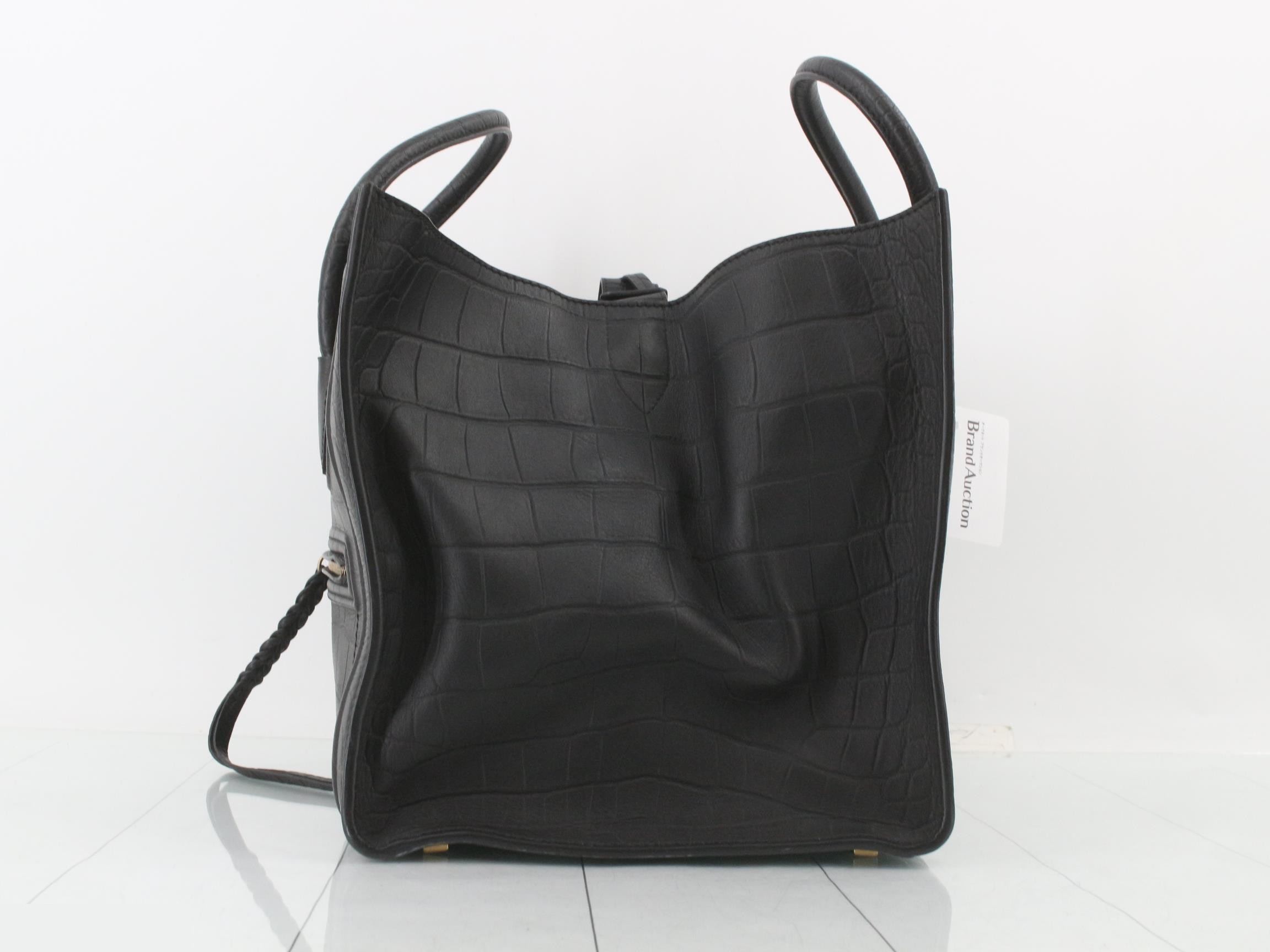 Luggage Phantom Crocodile Embossed Leather Handbag, Black — view 3