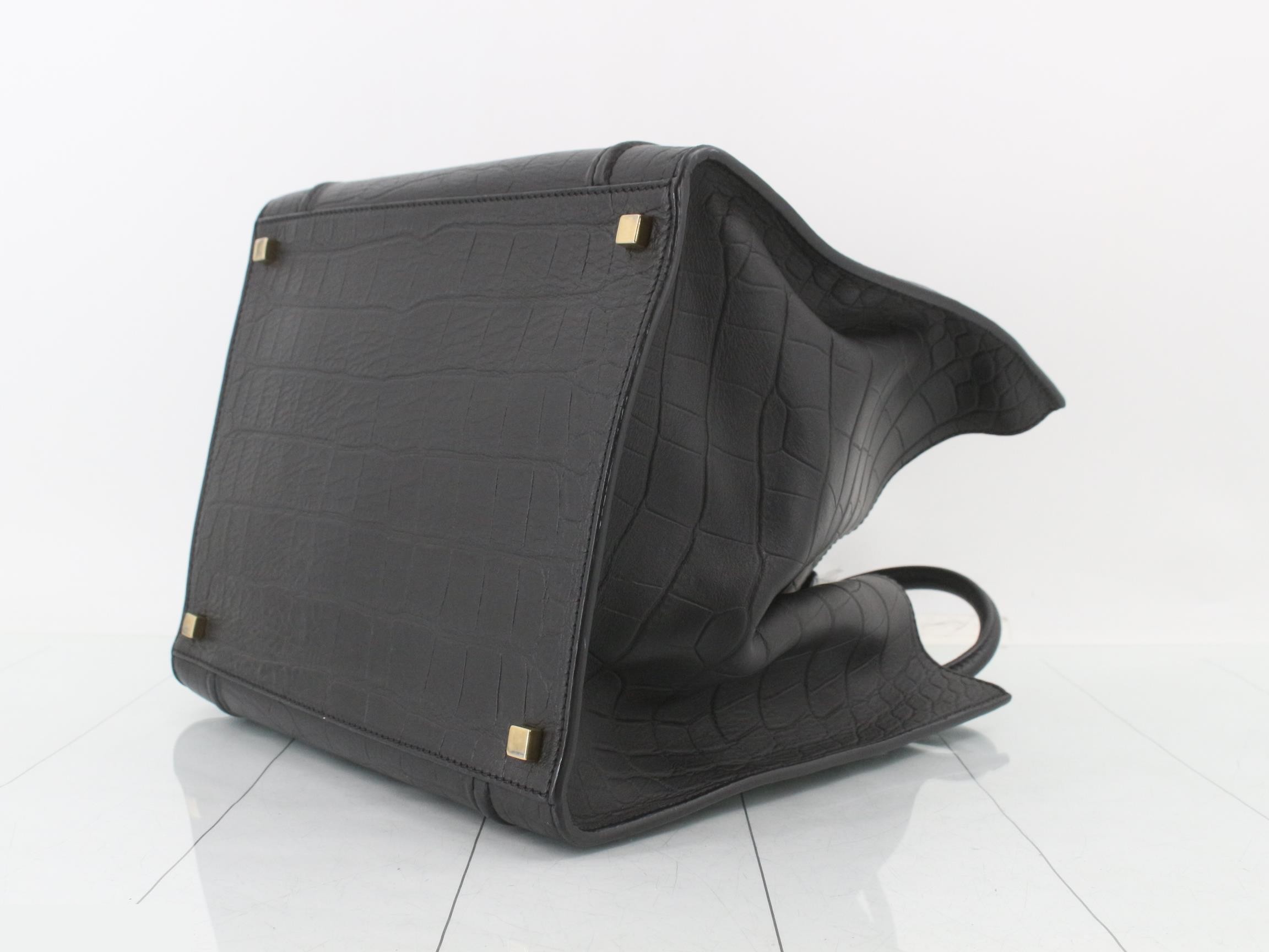 Luggage Phantom Crocodile Embossed Leather Handbag, Black — view 6
