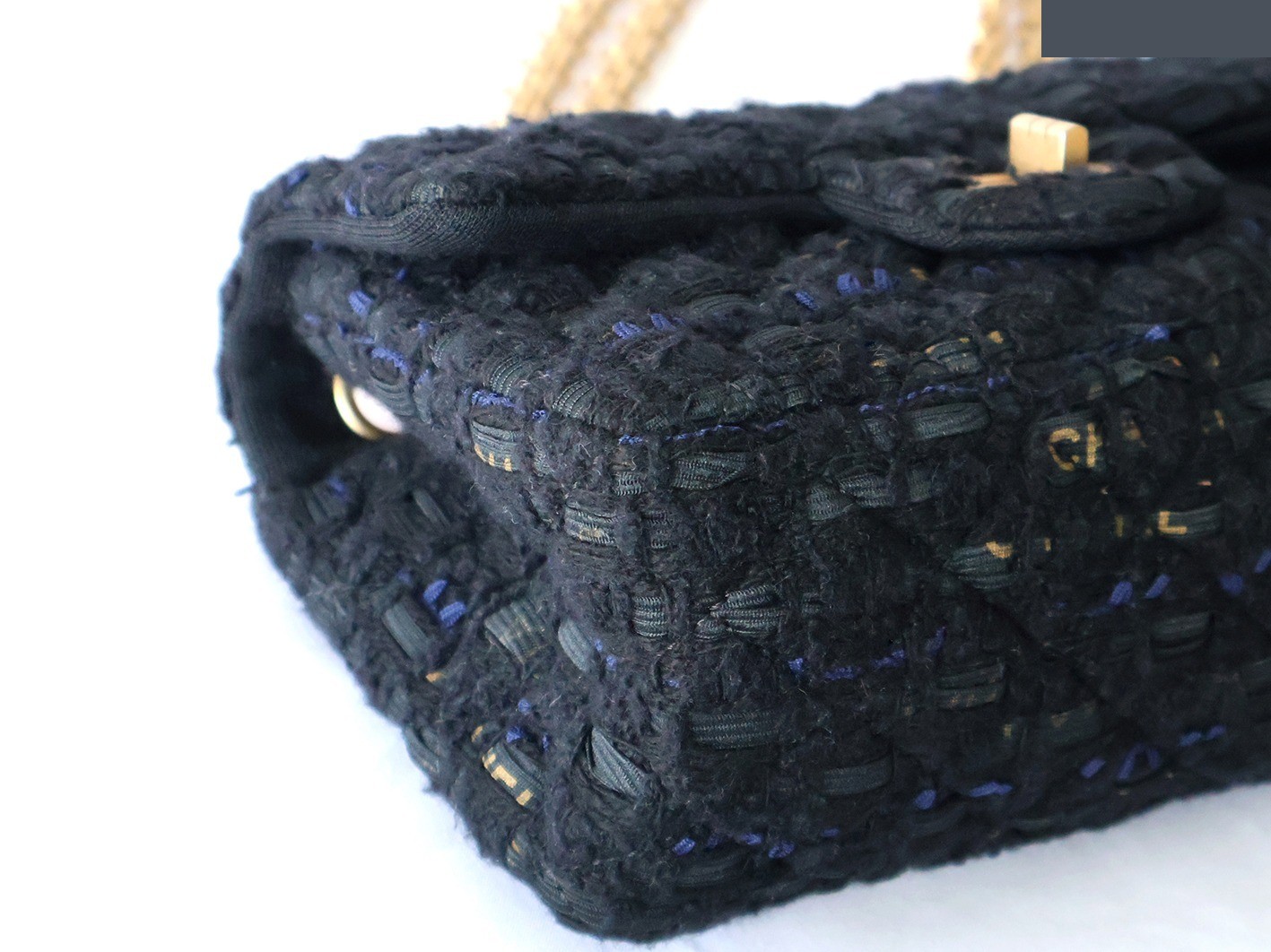 Mini Matelassé Tweed Double Chain Shoulder Bag, Black — view 3