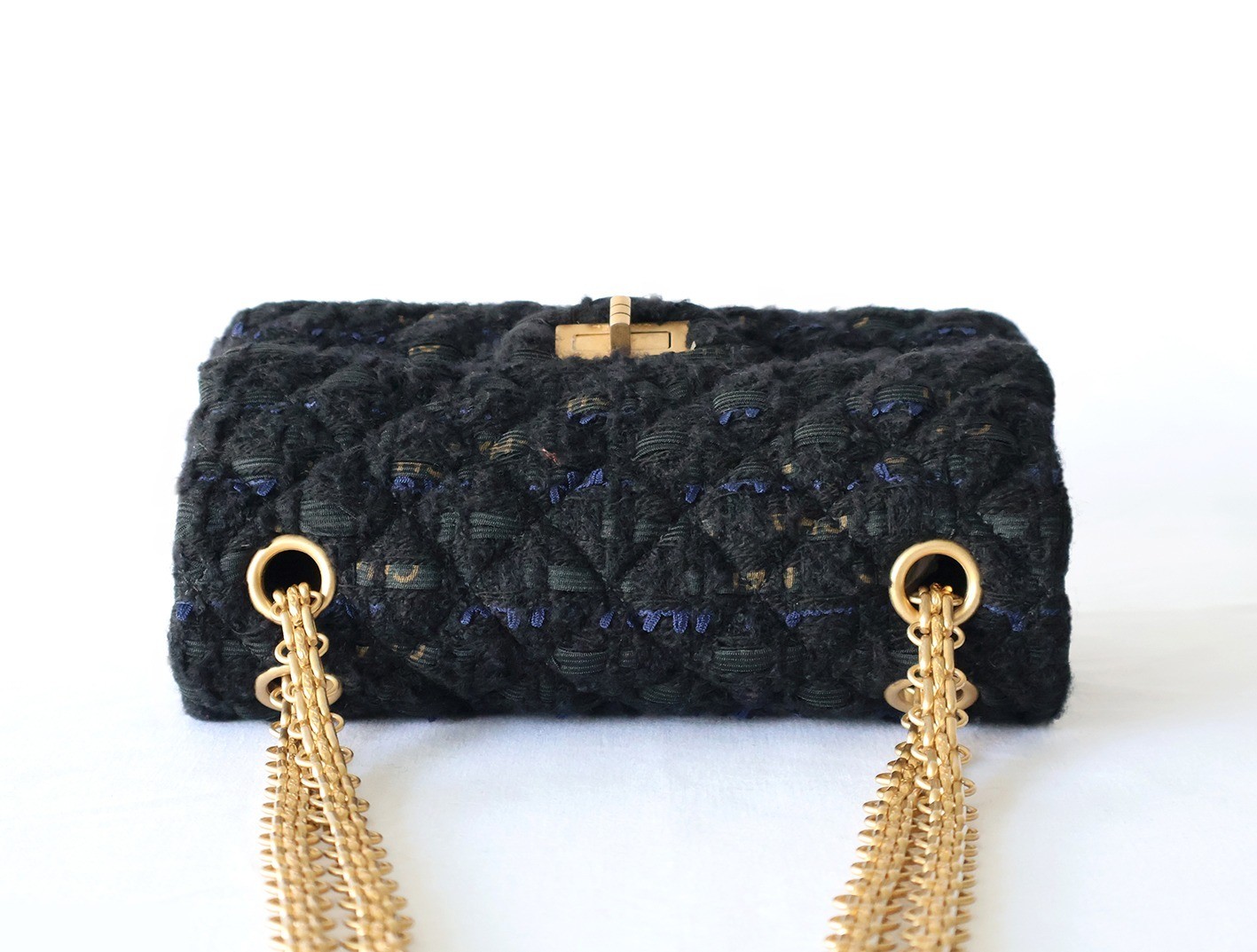 Mini Matelassé Tweed Double Chain Shoulder Bag, Black — view 5