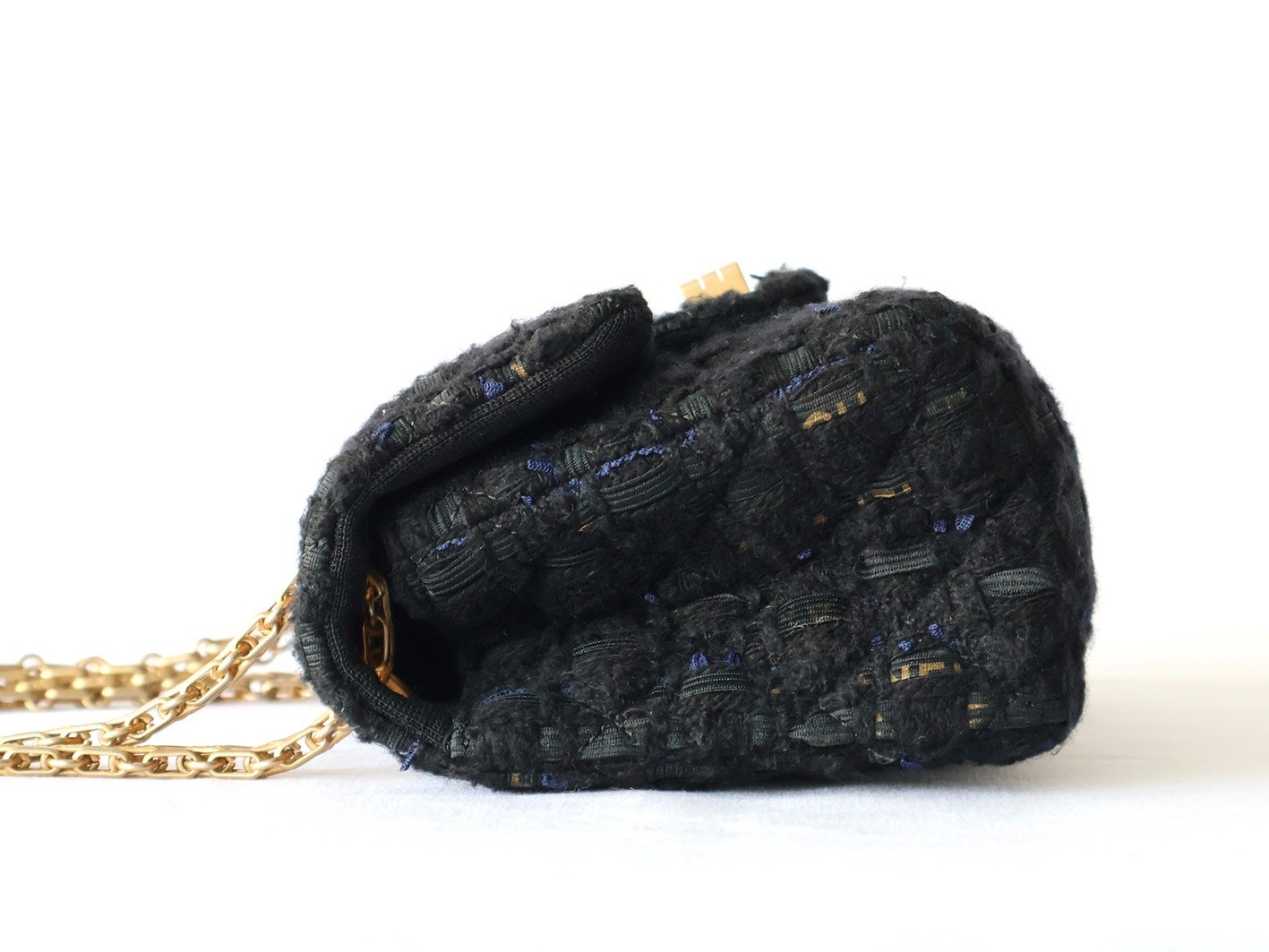 Mini Matelassé Tweed Double Chain Shoulder Bag, Black — view 7