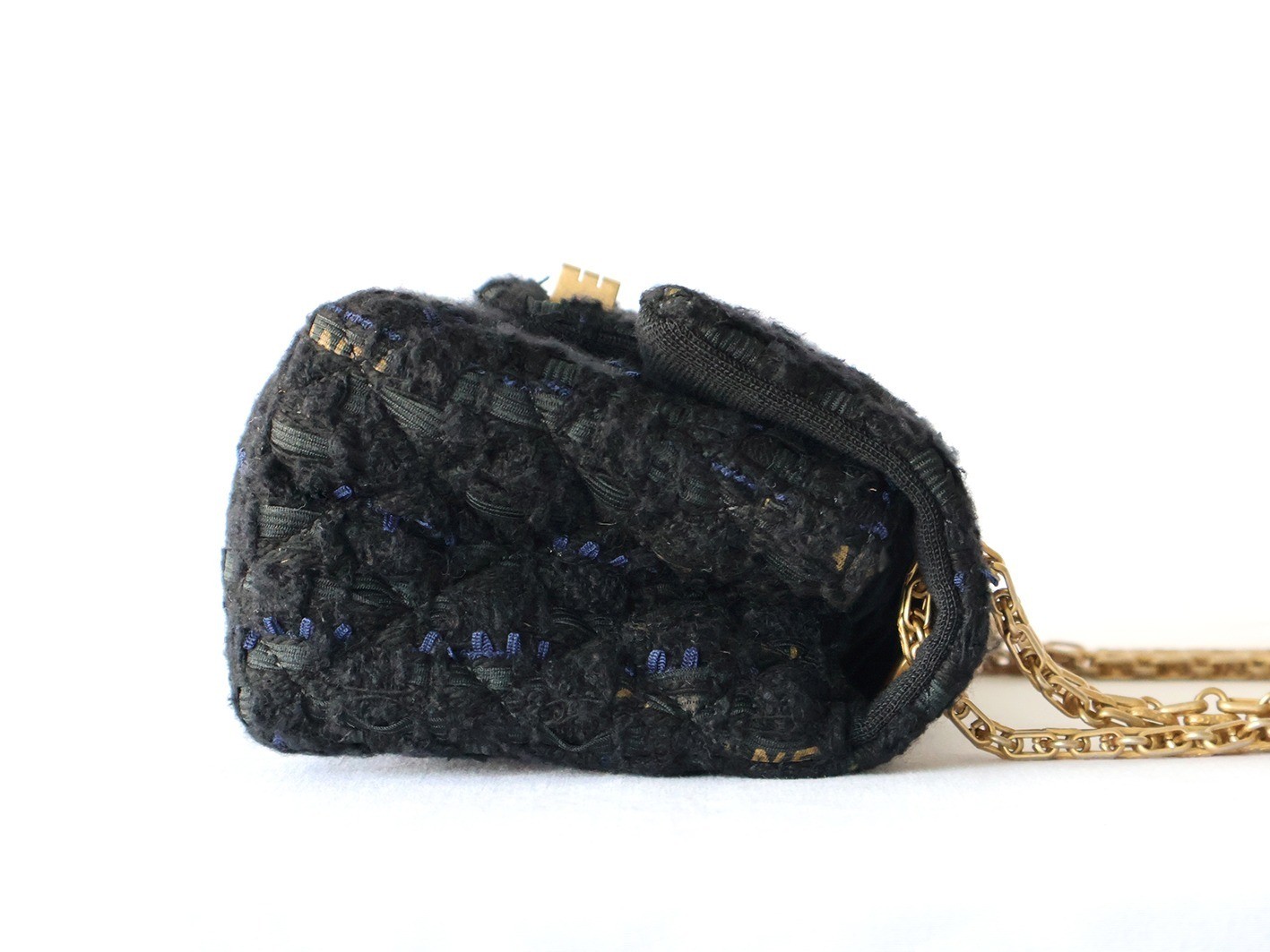 Mini Matelassé Tweed Double Chain Shoulder Bag, Black — view 8