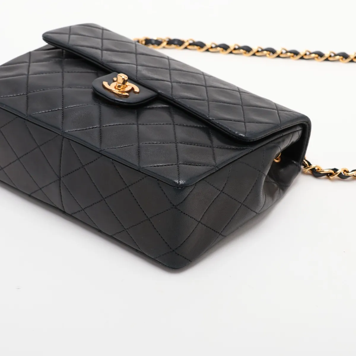 Mini Matelassé 20 Lambskin Single Flap Single Chain Bag, Black with Gold Hardware, A69900 — view 3