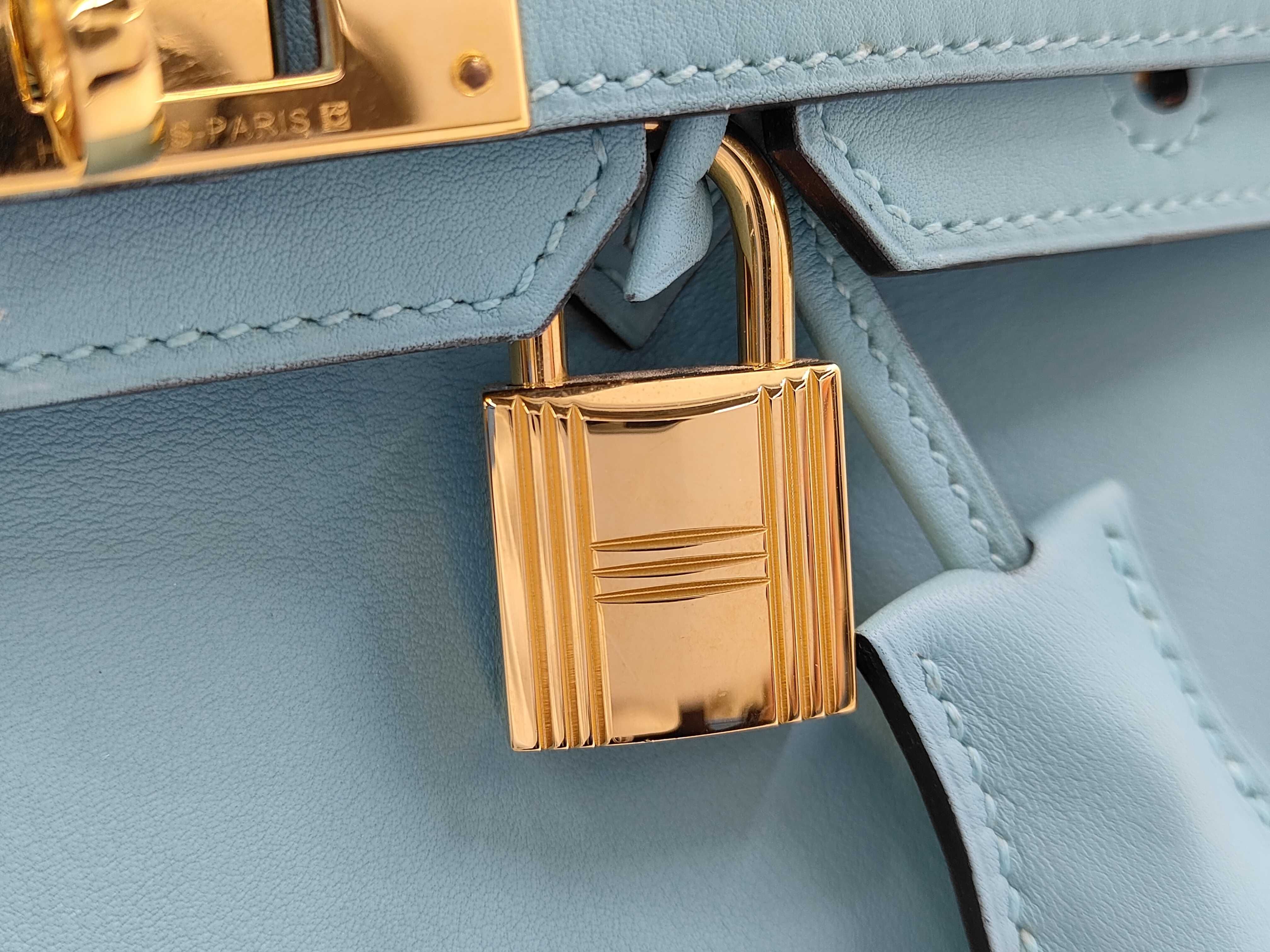 Birkin 25 Swift Blue X Stamp, with padlock, clochette, rain cover, and dust bag. — view 9
