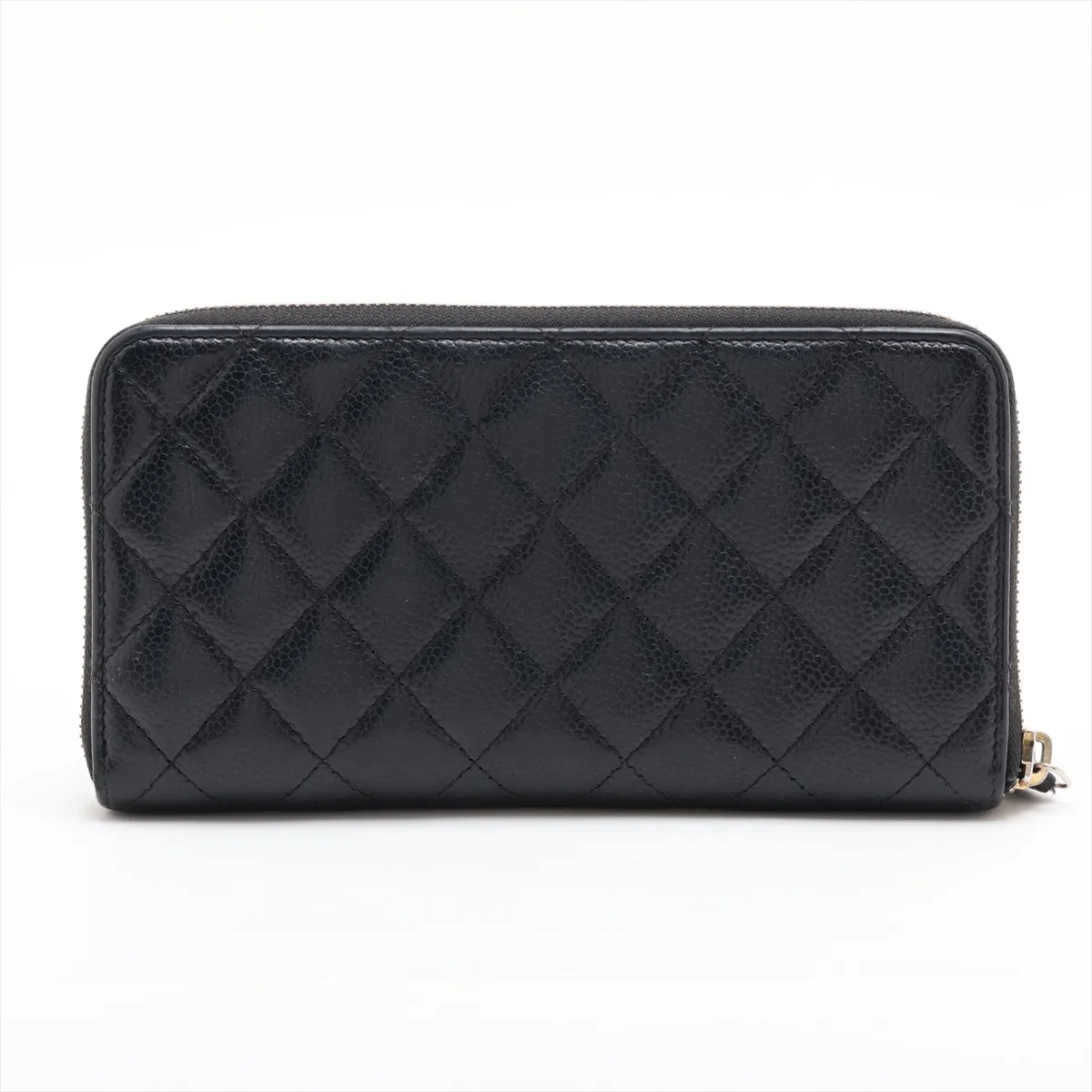 Matelassé Caviar Skin Round Zip Wallet, Black with Gold Hardware, 23068638 — view 2