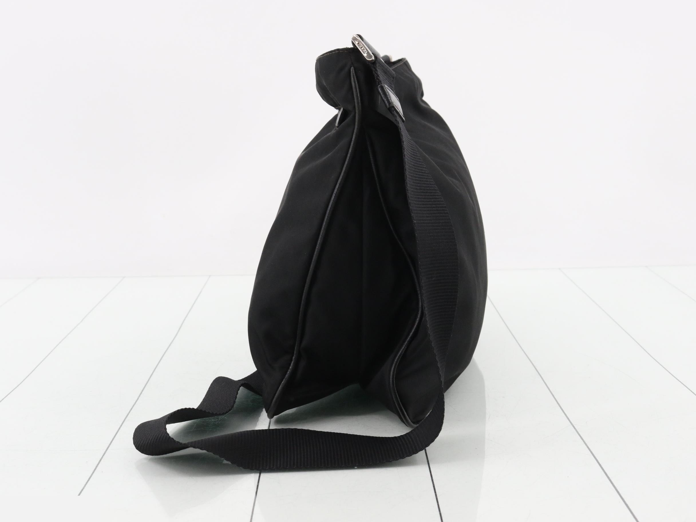 Nylon shoulder bag with triangular logo, black, silver hardware. — view 3