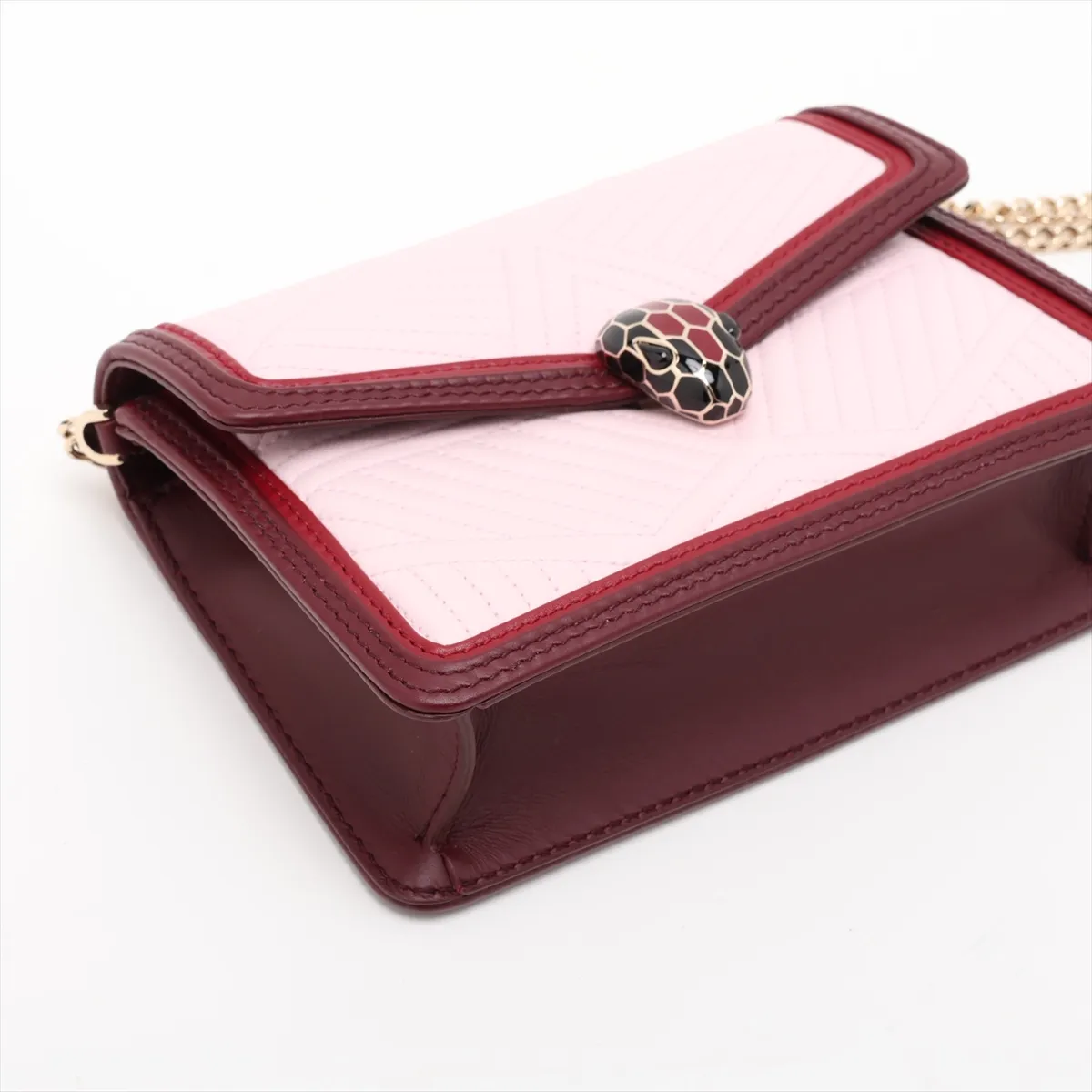 Serpenti Leather Chain Shoulder Bag, Pink, with Mirror — view 4