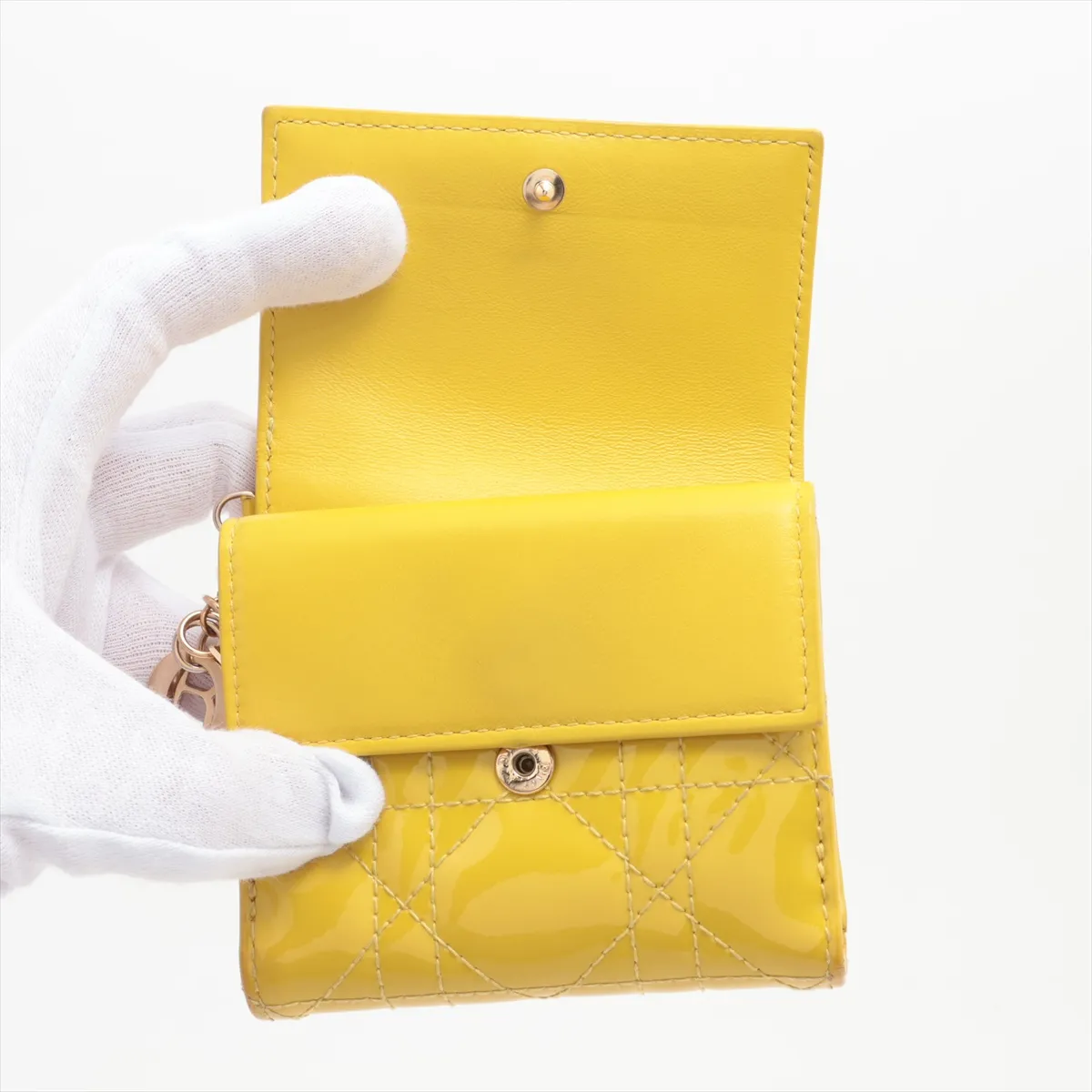 Lady Dior Cannage Patent Leather Compact Wallet Yellow — view 3