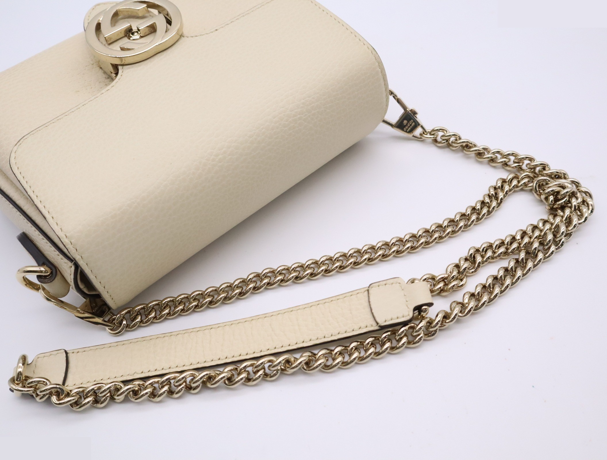 Leather Interlocking G Chain Shoulder Bag, White, Gold Hardware — view 6
