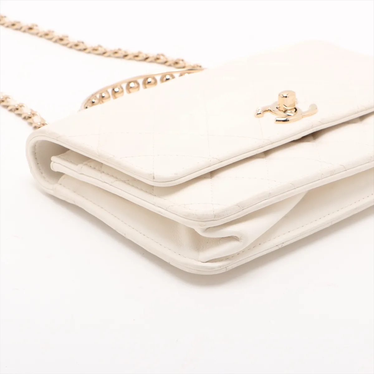 Matelassé Lambskin 2-Way Shoulder Bag, Top Handle, Pearl White, Gold Hardware, K76N62LG, Random Plate — view 4