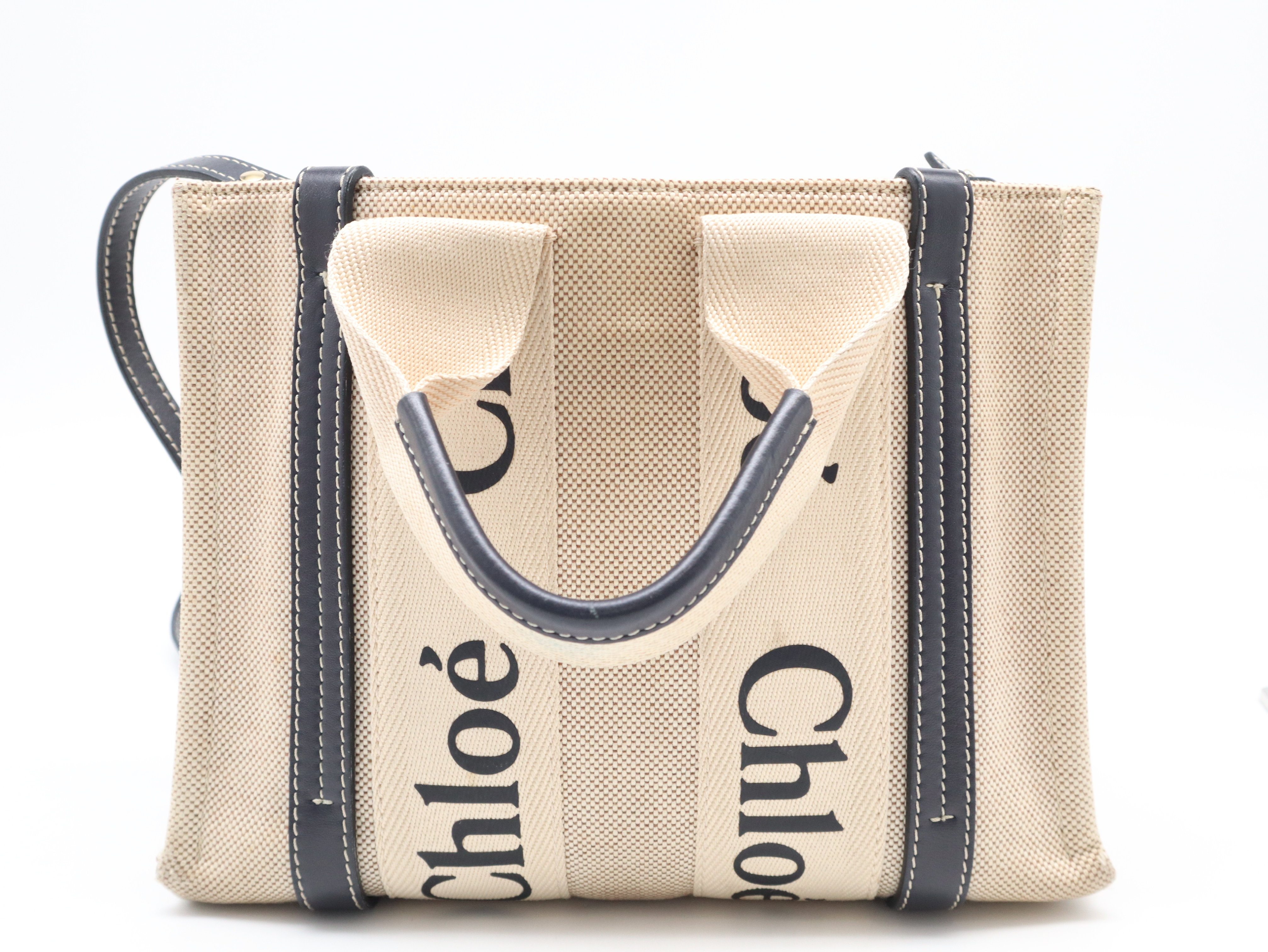 Woody 2-Way Handbag, Leather and Canvas, Beige Handbag — view 2