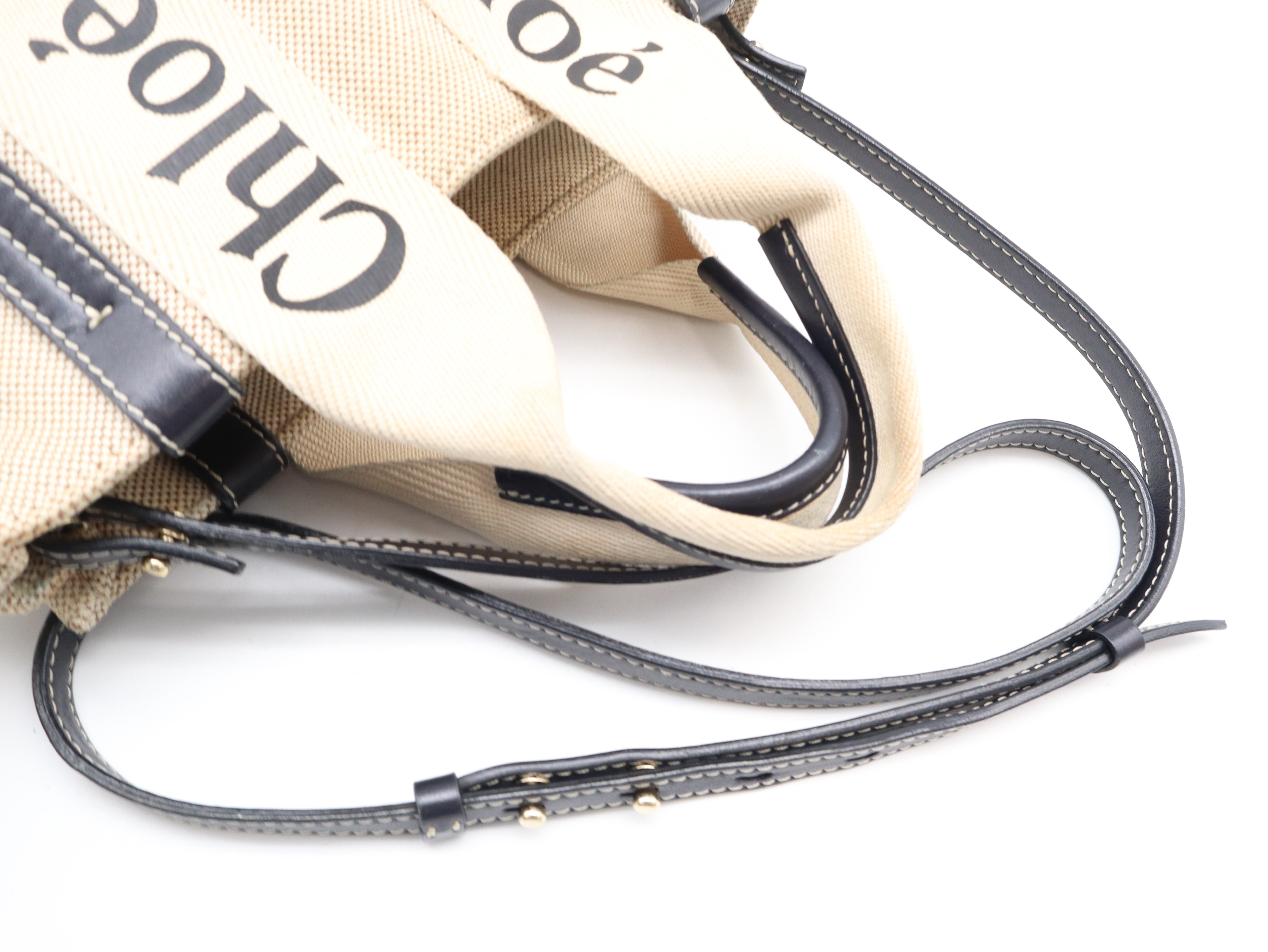 Woody 2-Way Handbag, Leather and Canvas, Beige Handbag — view 6
