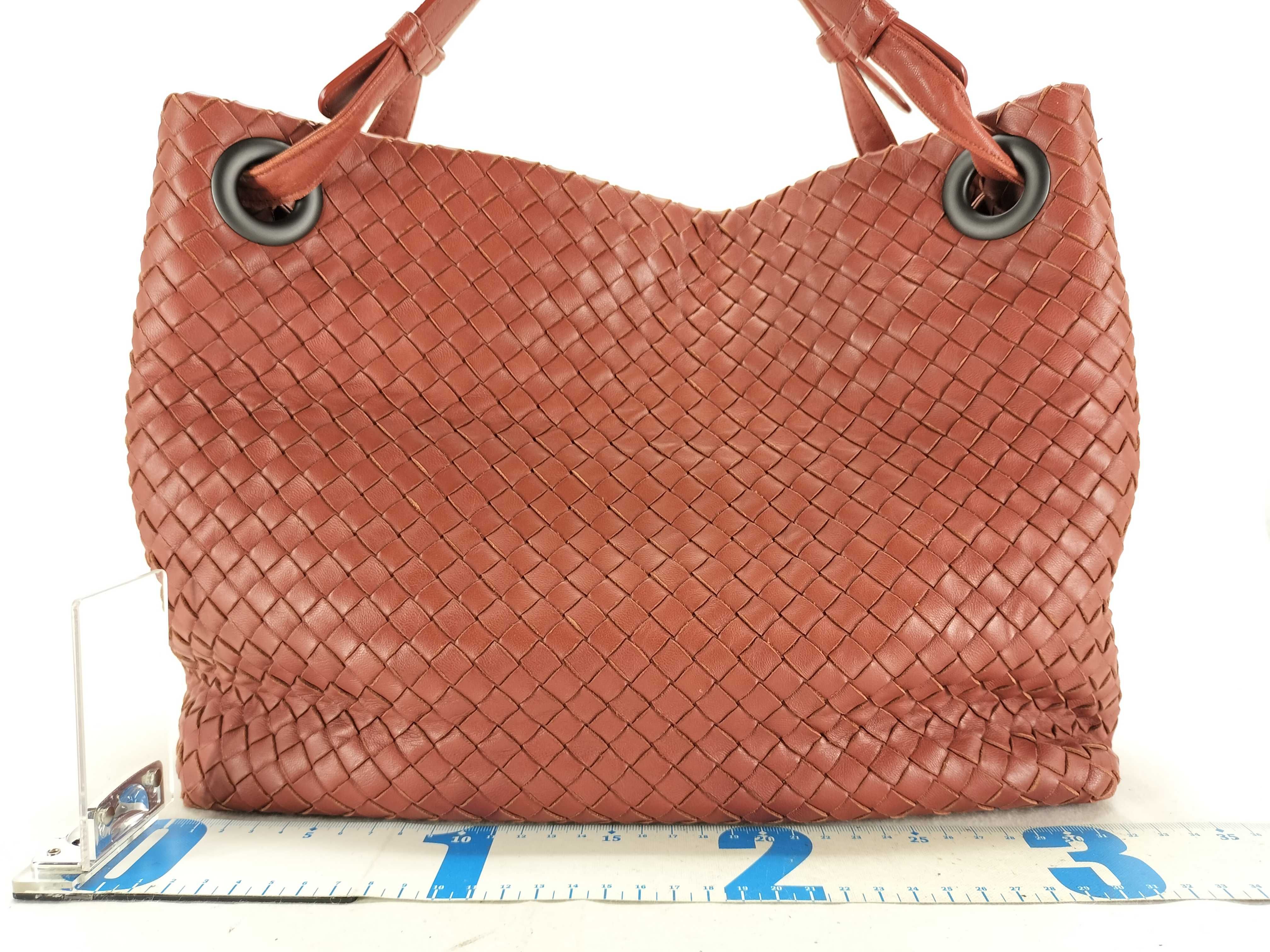 Intrecciato Leather Tote Bag, Brown, with Mirror — view 2