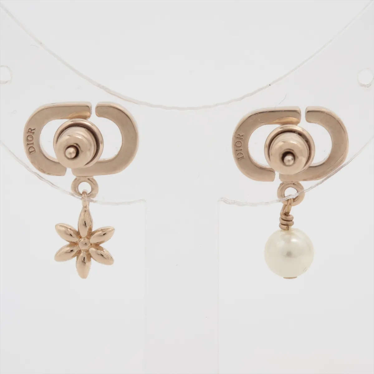 Petit CD earrings (for both ears), gold-plated with rhinestones and faux pearls. Shows signs of wear, including — view 2