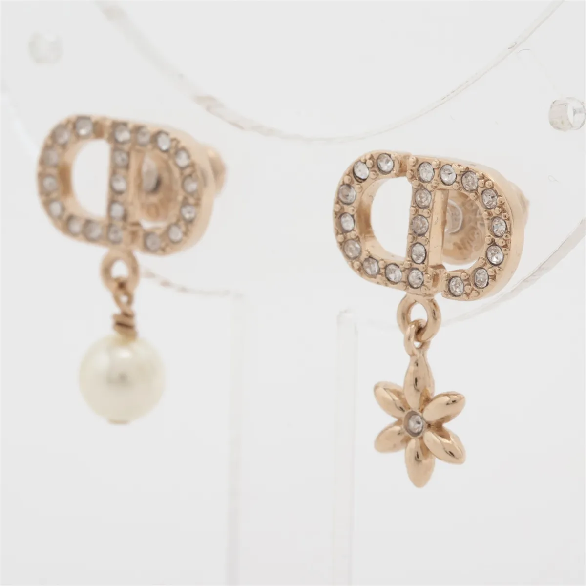 Petit CD earrings (for both ears), gold-plated with rhinestones and faux pearls. Shows signs of wear, including — view 3