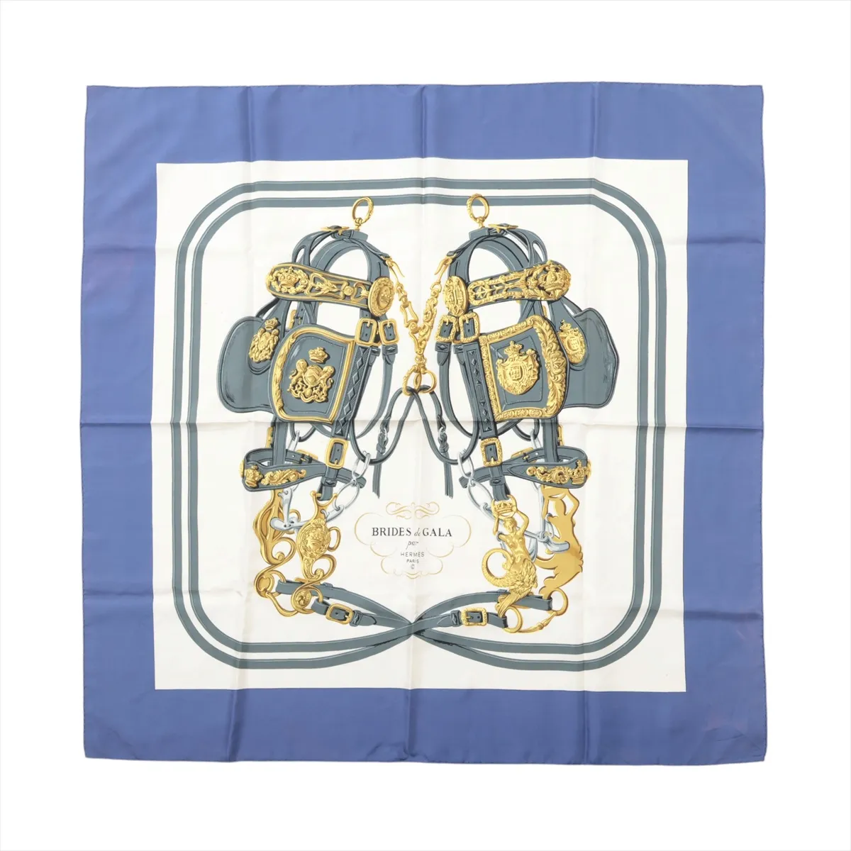 Carre 90 BRIDES de GALA Ceremonial Bridle Scarf, Silk, Blue. Shows wear,