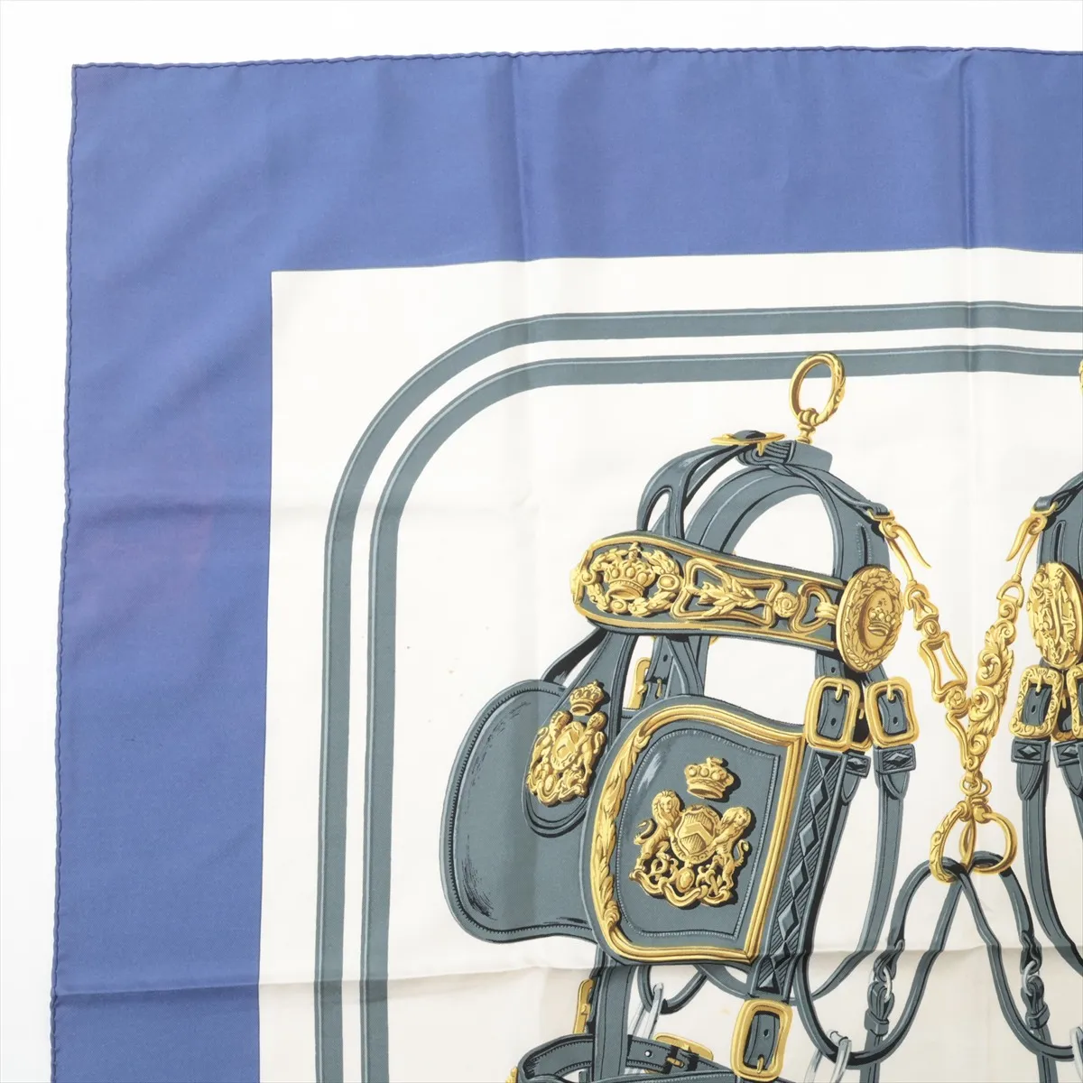 Carre 90 BRIDES de GALA Ceremonial Bridle Scarf, Silk, Blue. Shows wear, — view 2