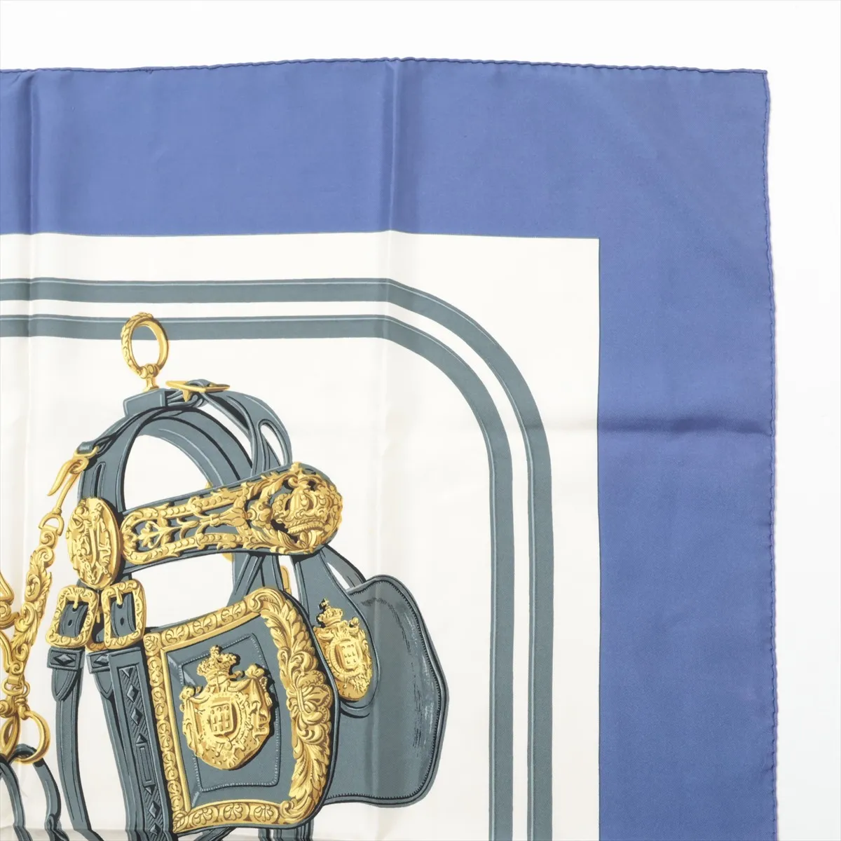 Carre 90 BRIDES de GALA Ceremonial Bridle Scarf, Silk, Blue. Shows wear, — view 3