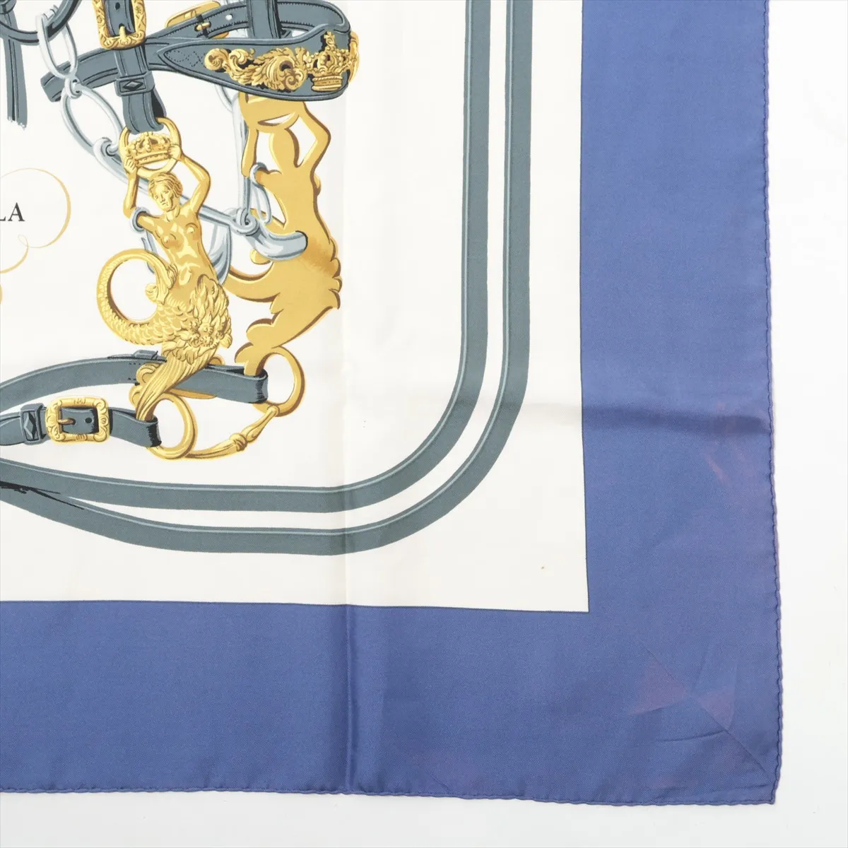 Carre 90 BRIDES de GALA Ceremonial Bridle Scarf, Silk, Blue. Shows wear, — view 4