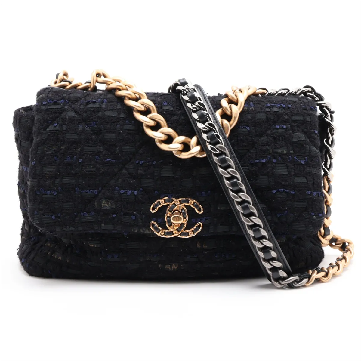 19 Large Tweed Chain Shoulder Bag, Black with Gold and Silver Hardware, 30661538 (Serial Number in the 30s), AS1161