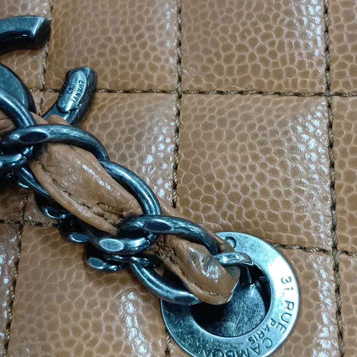 Matelassé Caviar Skin Chain Tote Bag, Orange, Gunmetal Hardware, 21652152, Serial Number 21 — view 15