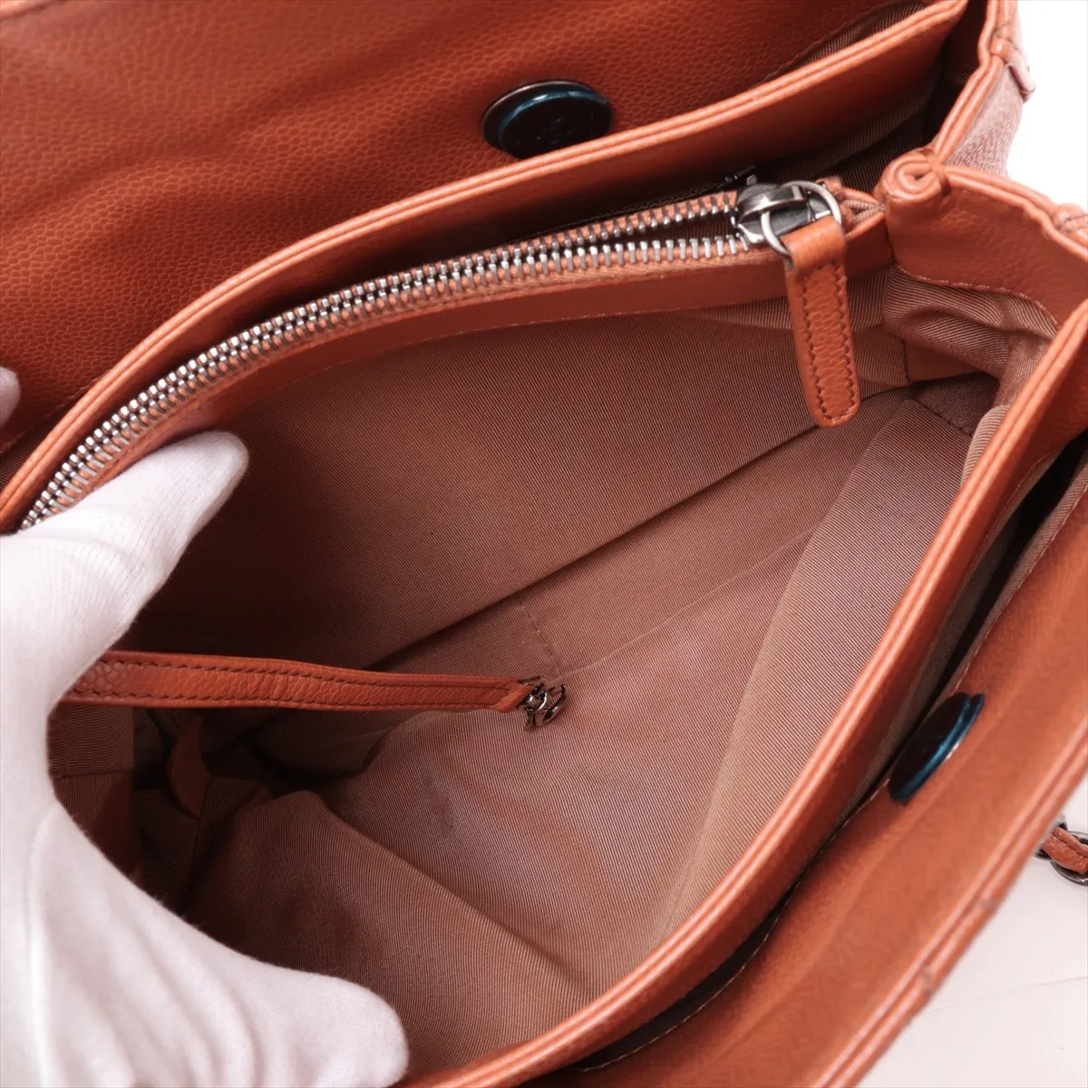 Matelassé Caviar Skin Chain Tote Bag, Orange, Gunmetal Hardware, 21652152, Serial Number 21 — view 8
