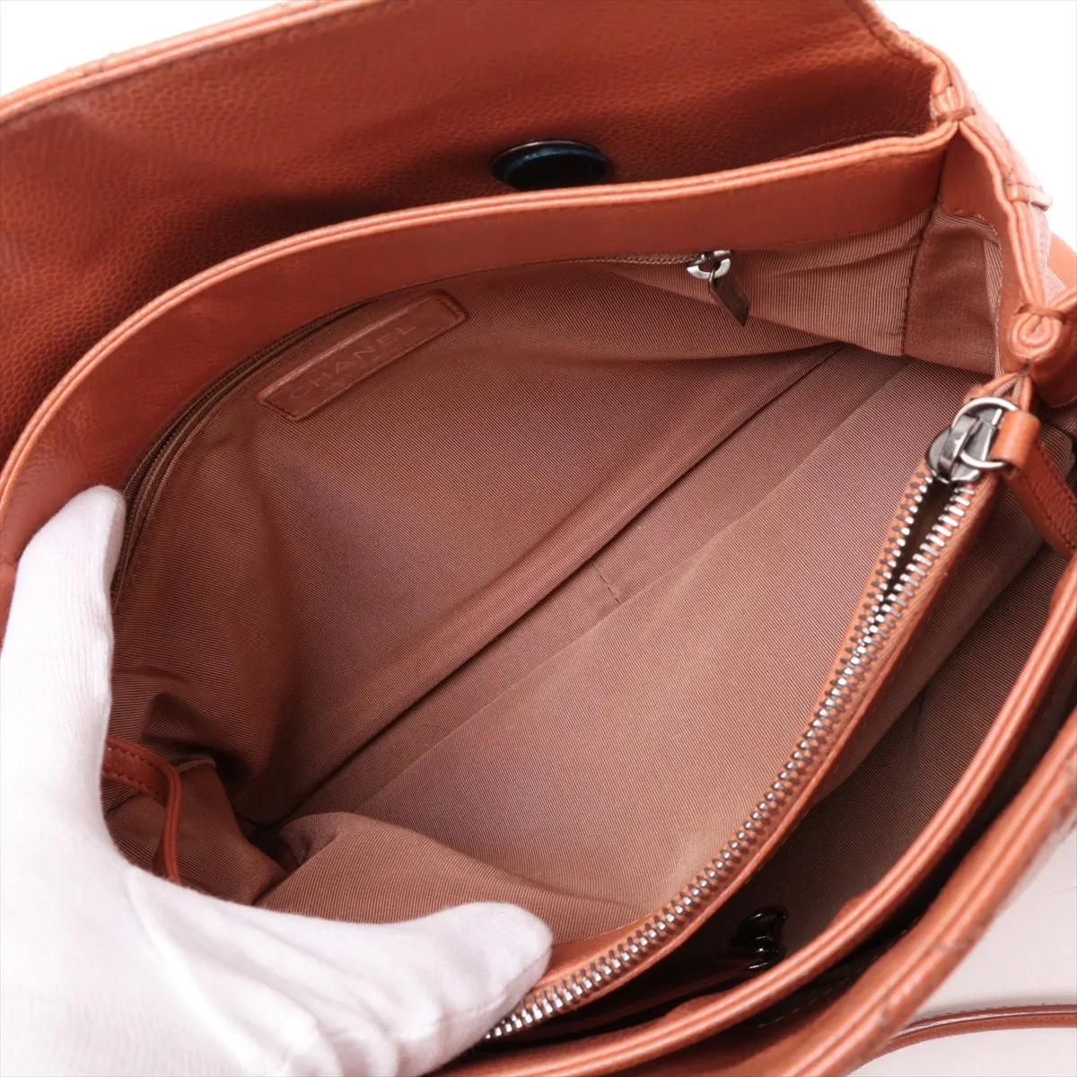 Matelassé Caviar Skin Chain Tote Bag, Orange, Gunmetal Hardware, 21652152, Serial Number 21 — view 10