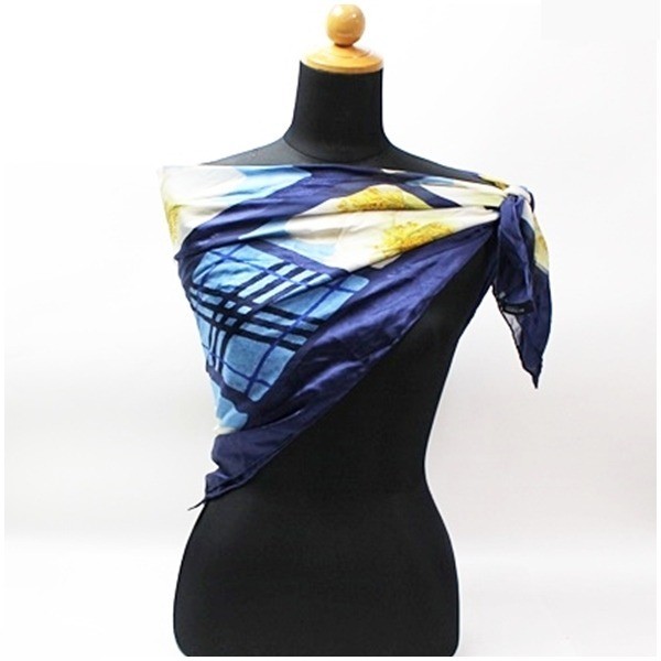 silk scarf, navy and blue, floral and checkered pattern, with tag. — view 2