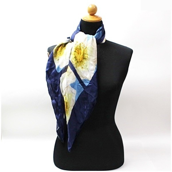 silk scarf, navy and blue, floral and checkered pattern, with tag. — view 3