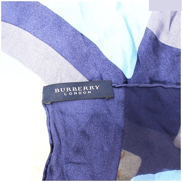 silk scarf, navy and blue, floral and checkered pattern, with tag. — view 4