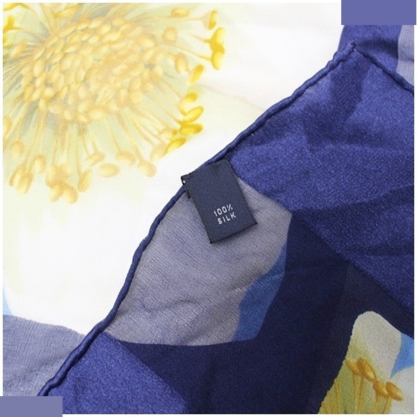 silk scarf, navy and blue, floral and checkered pattern, with tag. — view 5
