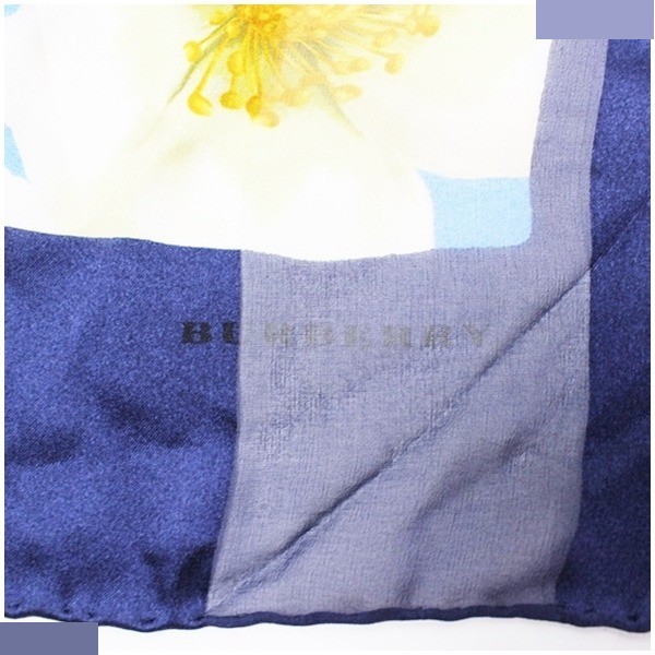 silk scarf, navy and blue, floral and checkered pattern, with tag. — view 6