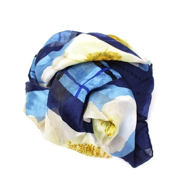 silk scarf, navy and blue, floral and checkered pattern, with tag. — view 7