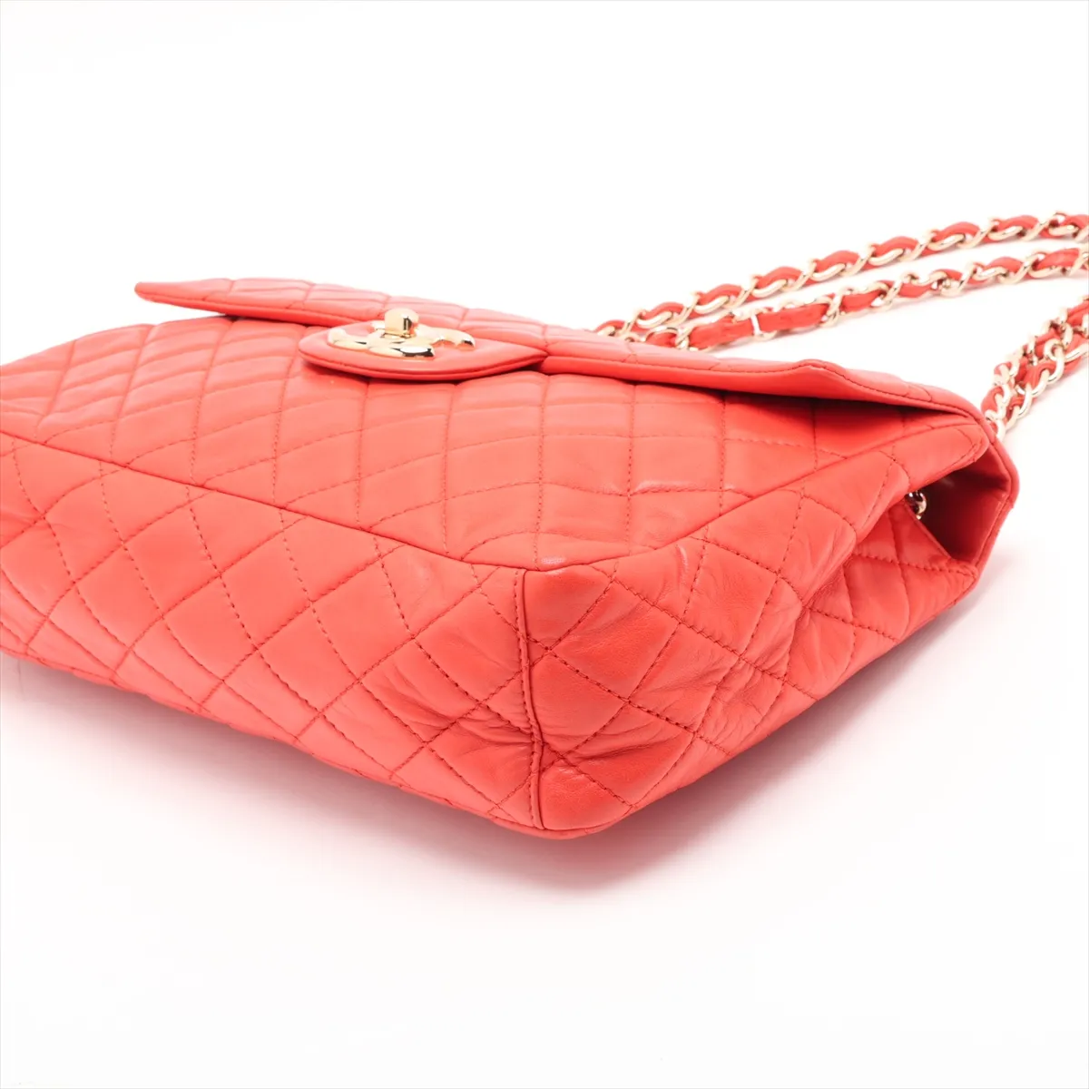 Matelassé Lambskin Single Flap Double Chain Bag, Orange with Gold Hardware, 12638303, Series 12 — view 3