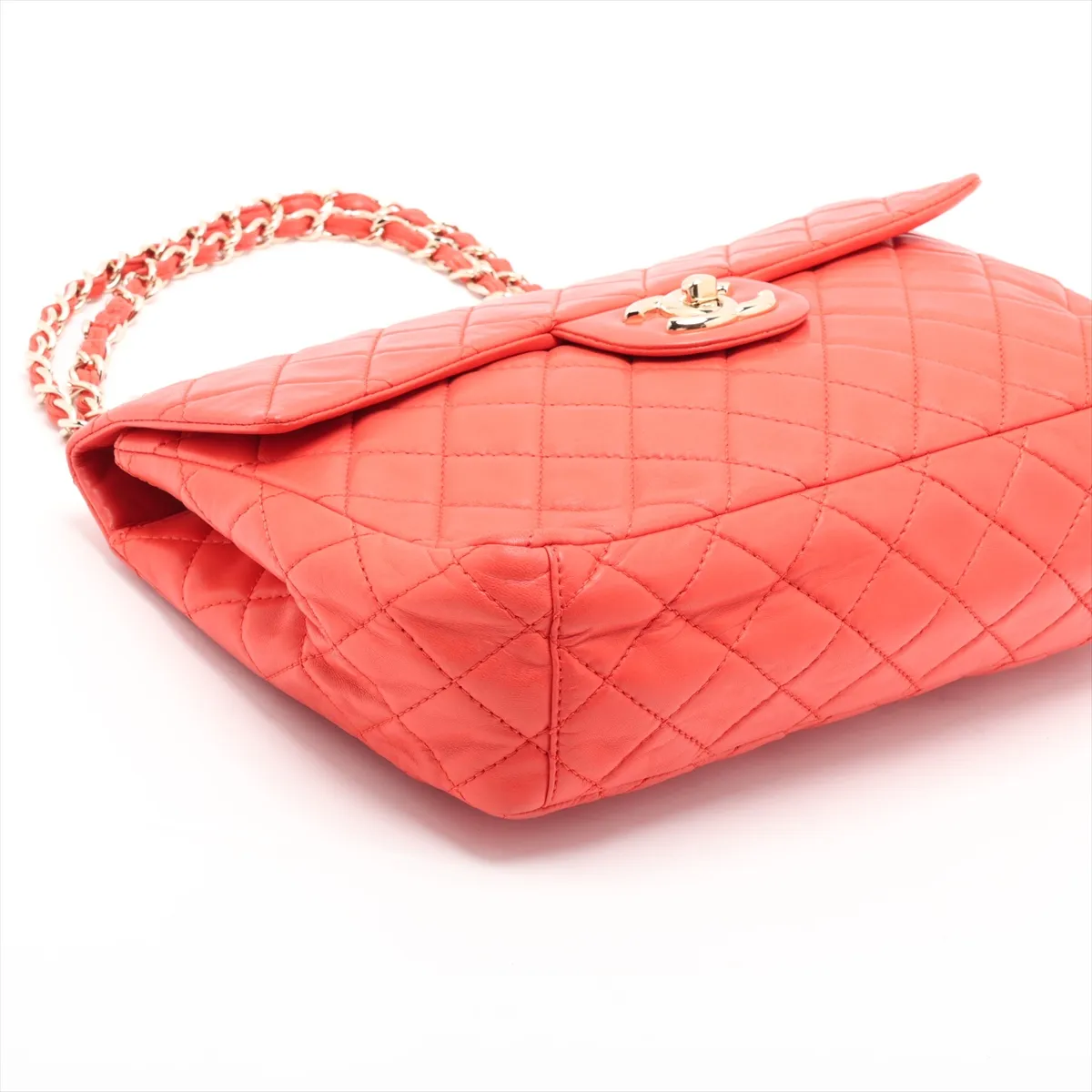 Matelassé Lambskin Single Flap Double Chain Bag, Orange with Gold Hardware, 12638303, Series 12 — view 4