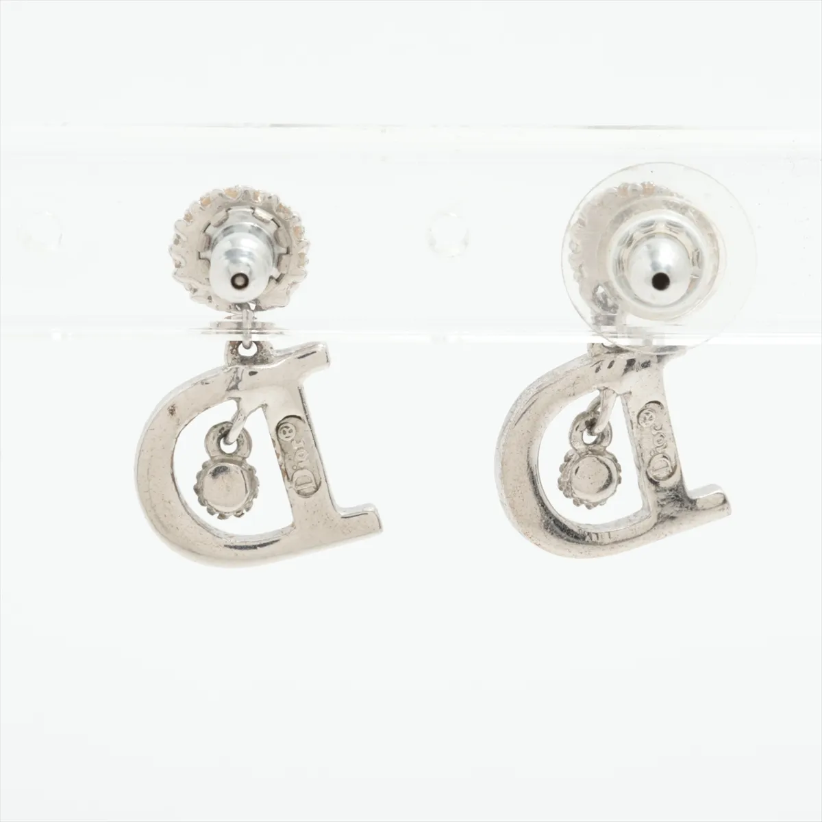 D logo earrings (for both ears), metal and rhinestone, silver. — view 2