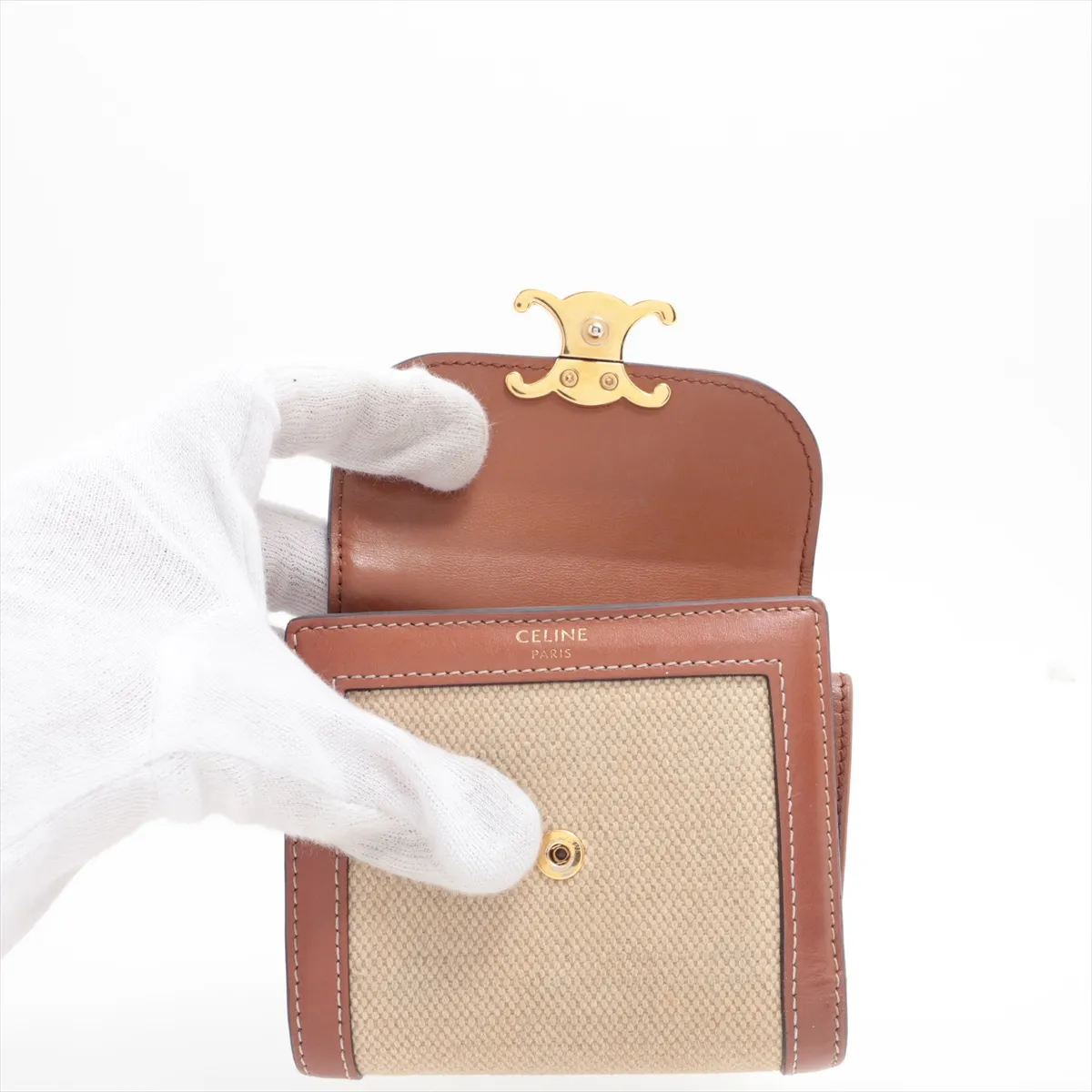 Triomphe Small Flap Wallet Leather Compact Wallet Beige x Brown — view 3