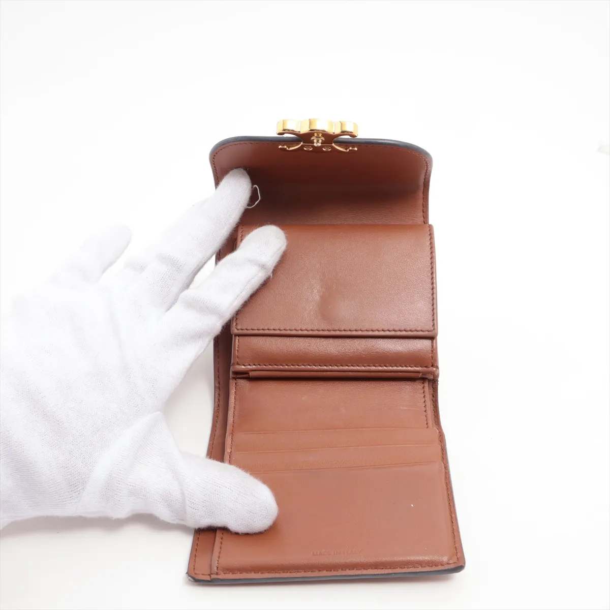 Triomphe Small Flap Wallet Leather Compact Wallet Beige x Brown — view 4