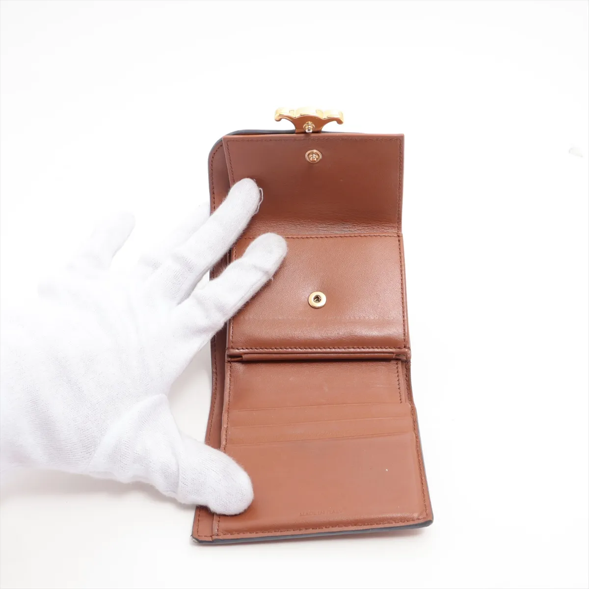 Triomphe Small Flap Wallet Leather Compact Wallet Beige x Brown — view 5